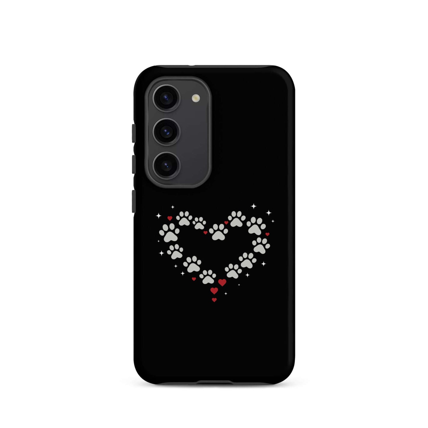 Phone Case for Samsung Galaxy featuring paw-print heart design on a black background.