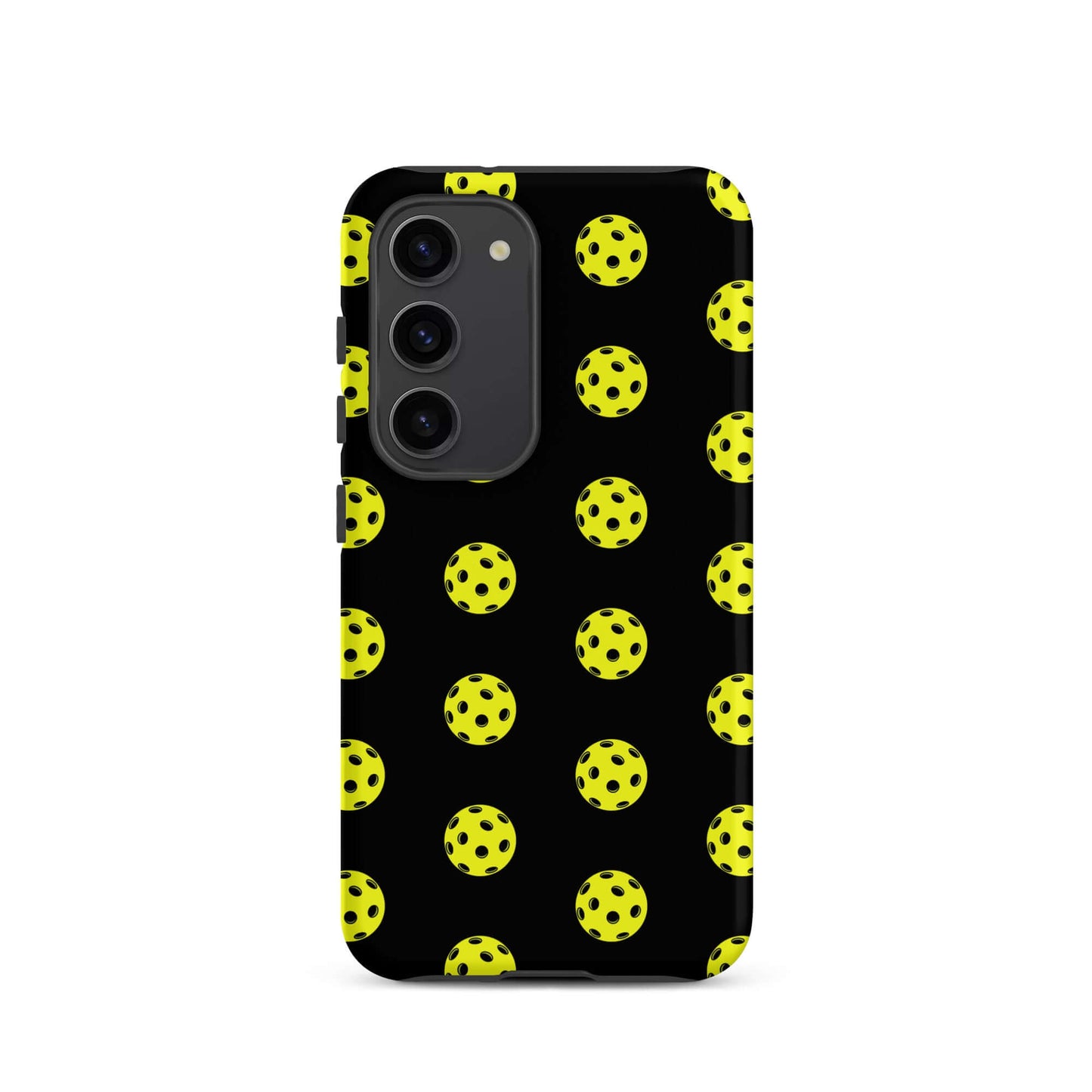 Phone Case for Samsung Galaxy featuring a pickleball pattern on a black background, perfect for sporty style.