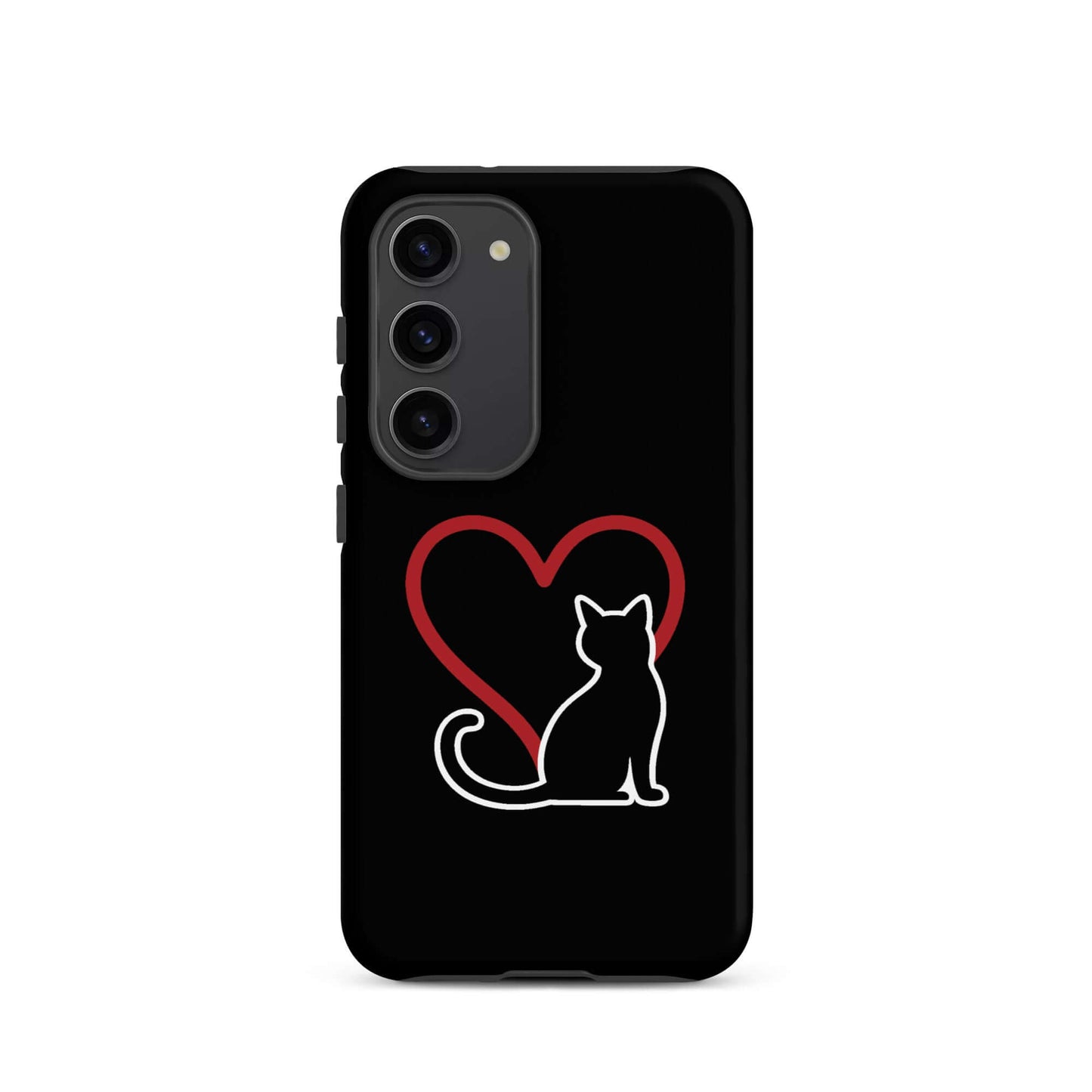 Phone Case for Samsung Galaxy featuring a minimalist black cat silhouette and heart design for cat lovers.