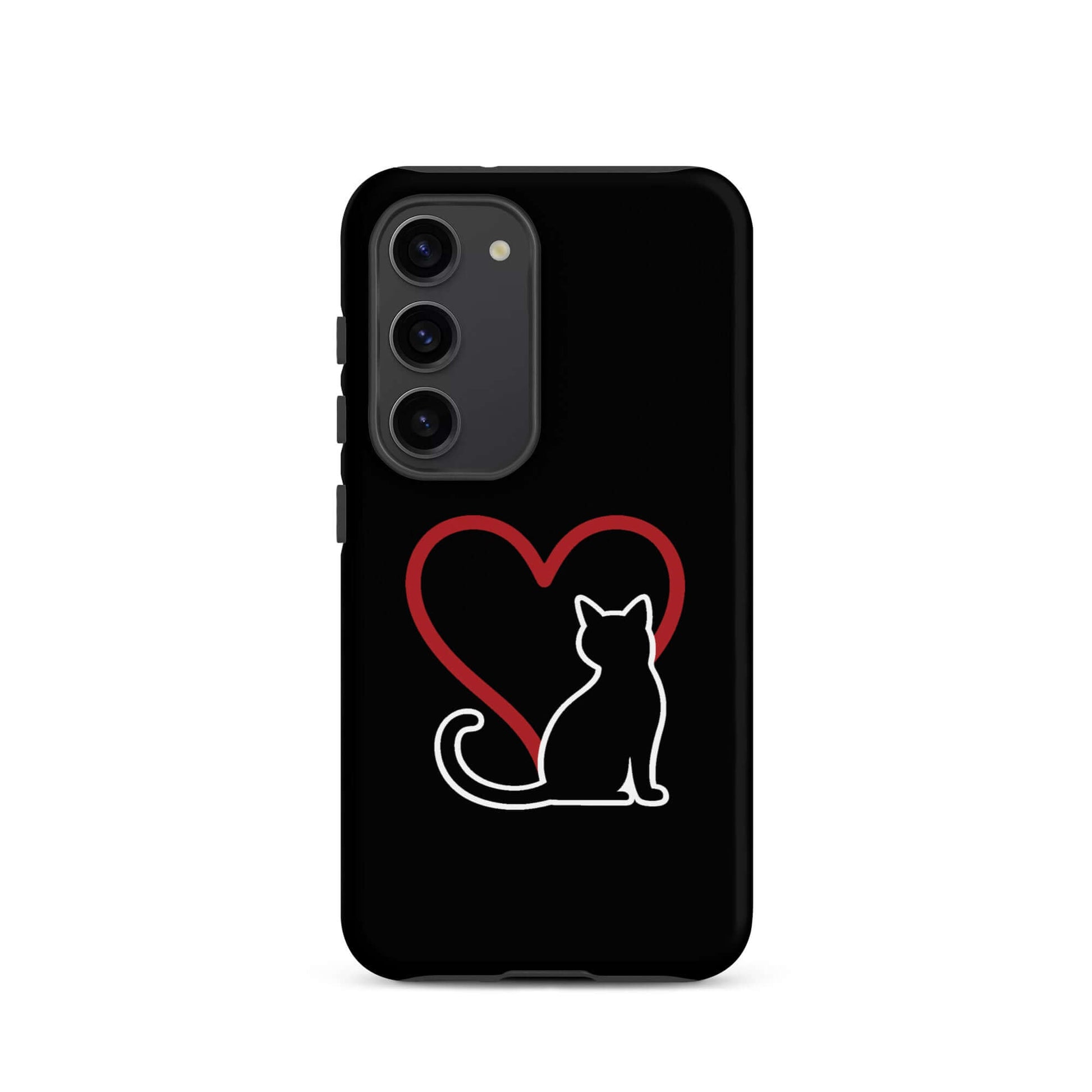Phone Case for Samsung Galaxy featuring a minimalist black cat silhouette and heart design for cat lovers.