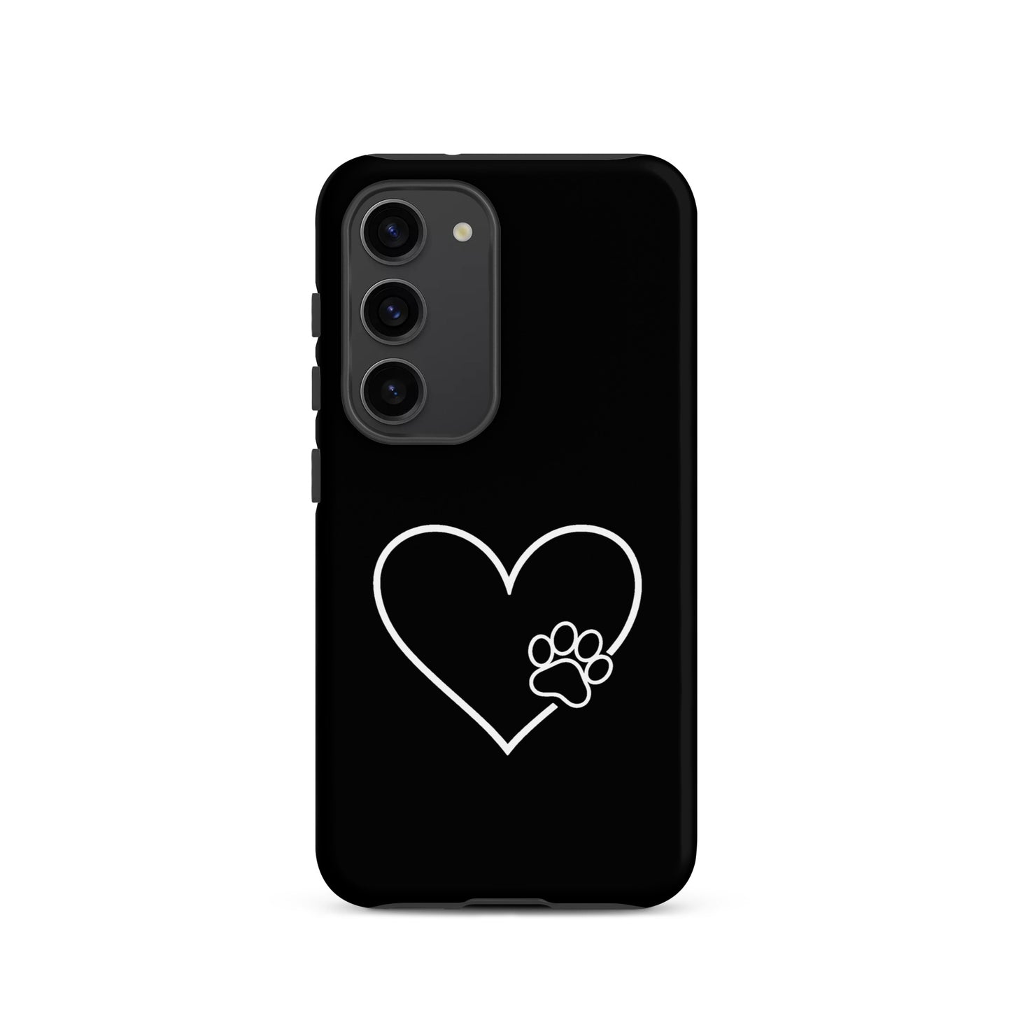 Black Phone Case for Samsung Galaxy with white heart and paw print design, symbolizing love and loyalty, perfect for pet lovers.