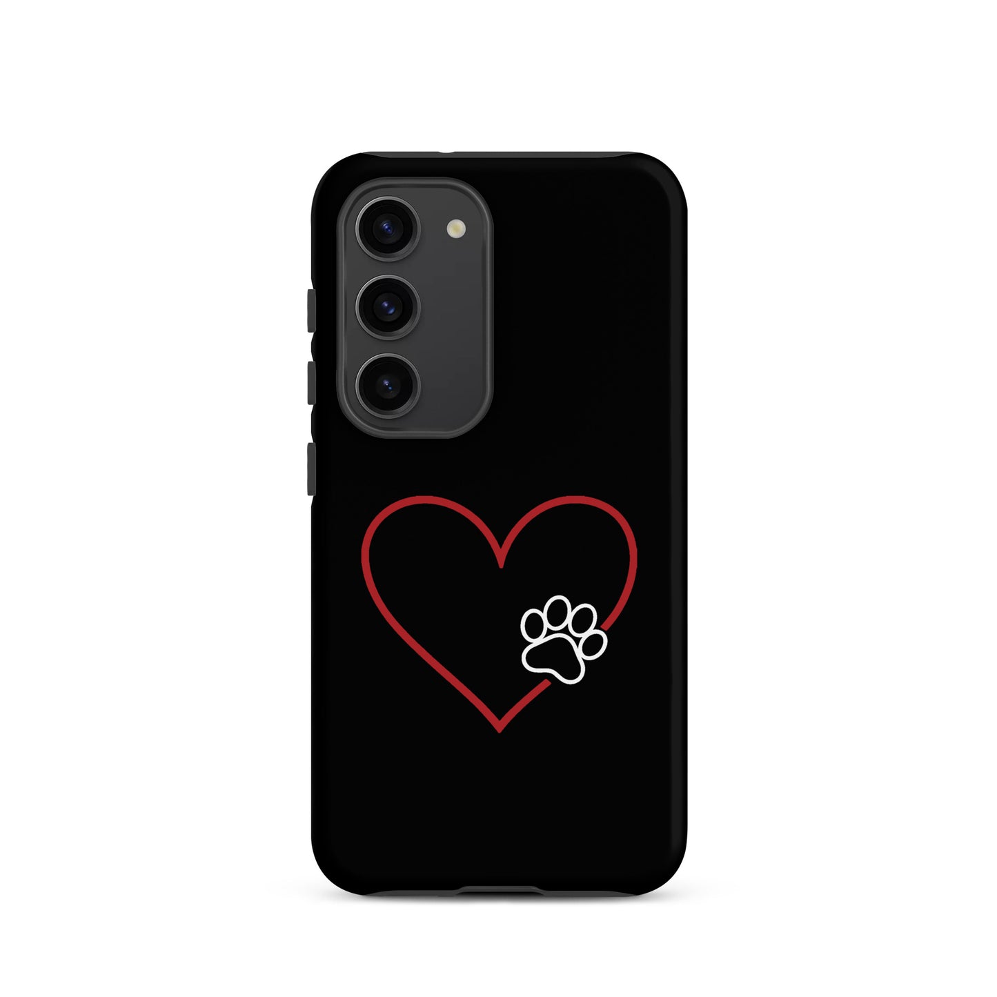 Phone Case for Samsung Galaxy with heart and paw print design, black background, symbolizing love and loyalty for pet lovers.