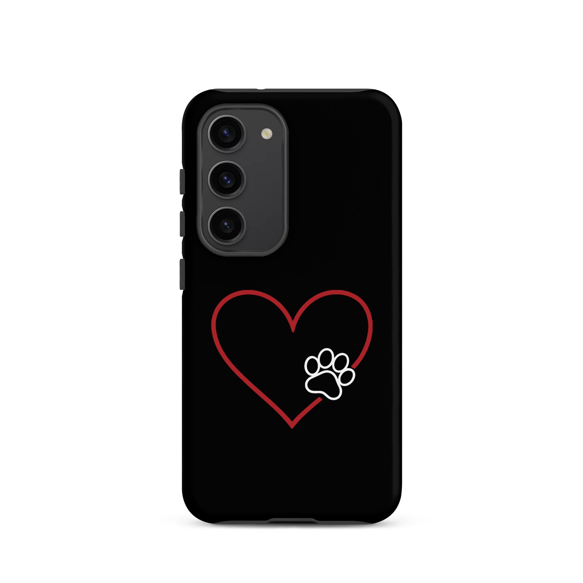 Phone Case for Samsung Galaxy with heart and paw print design, black background, symbolizing love and loyalty for pet lovers.
