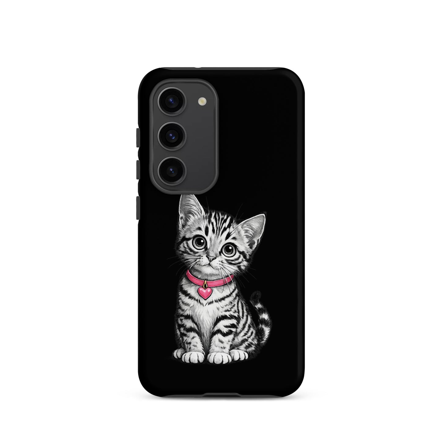 Phone Case for Samsung Galaxy with kitten and pink heart charm, black-and-white pencil sketch design.