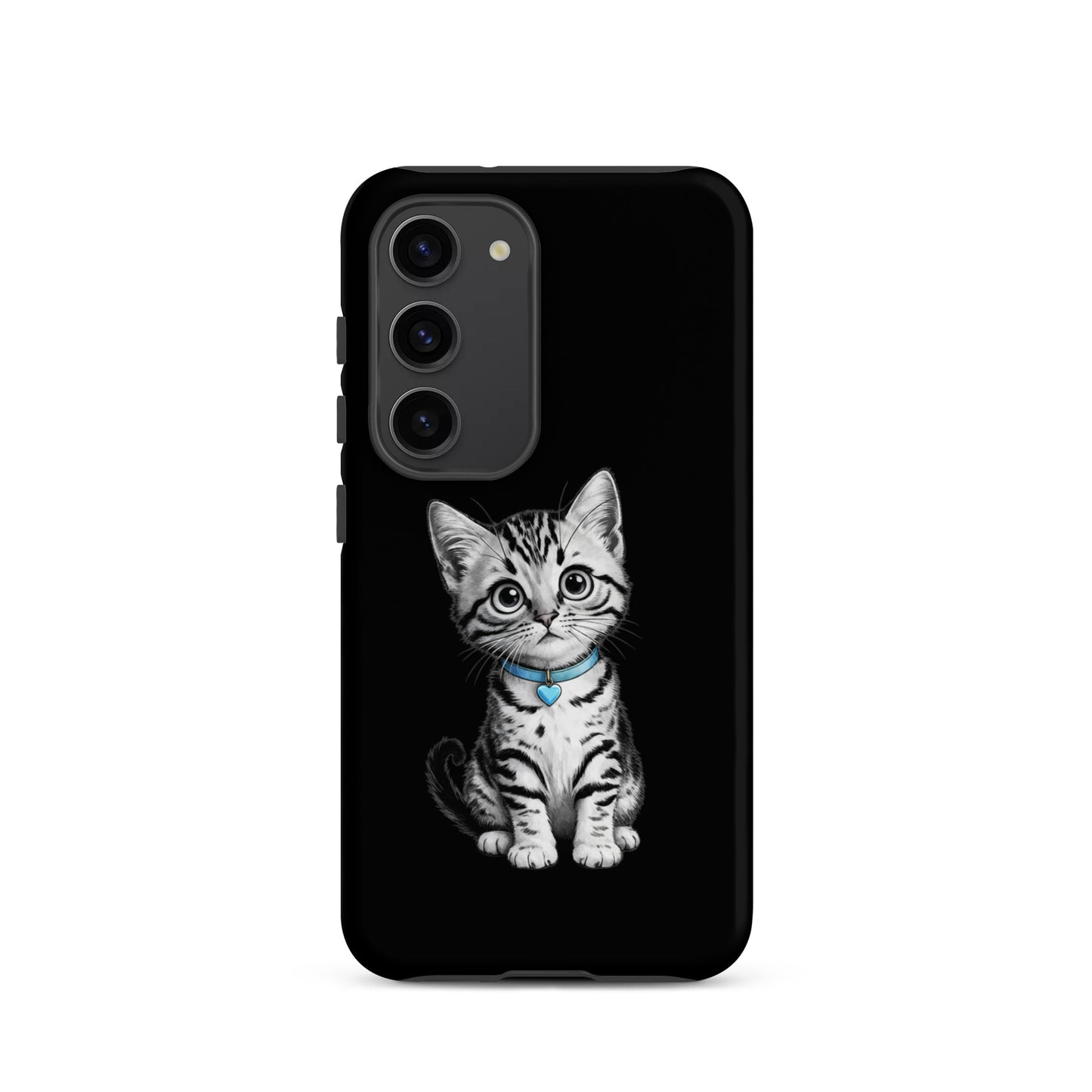 Phone Case for Samsung Galaxy with kitten sketch and blue heart charm design