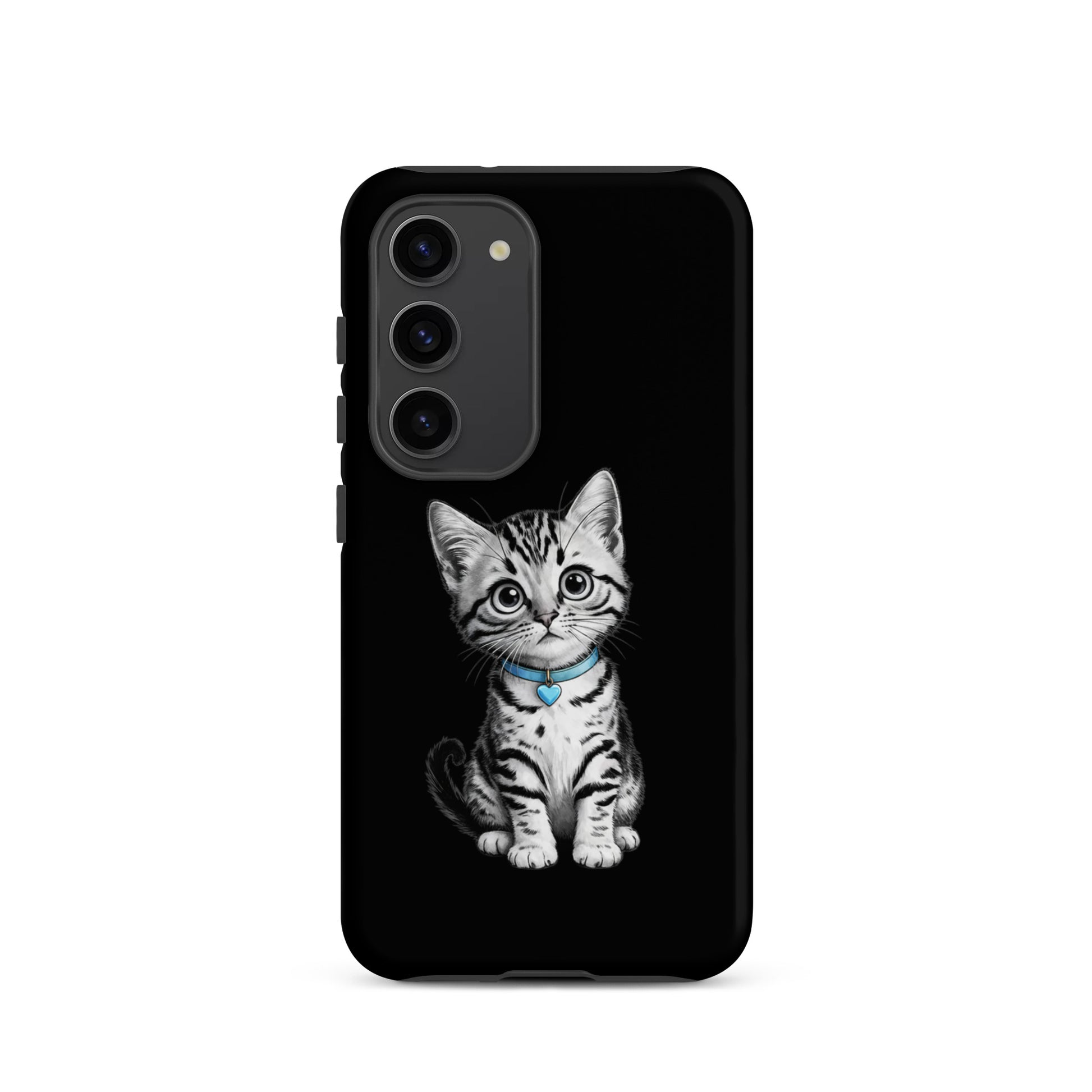 Phone Case for Samsung Galaxy with kitten sketch and blue heart charm design