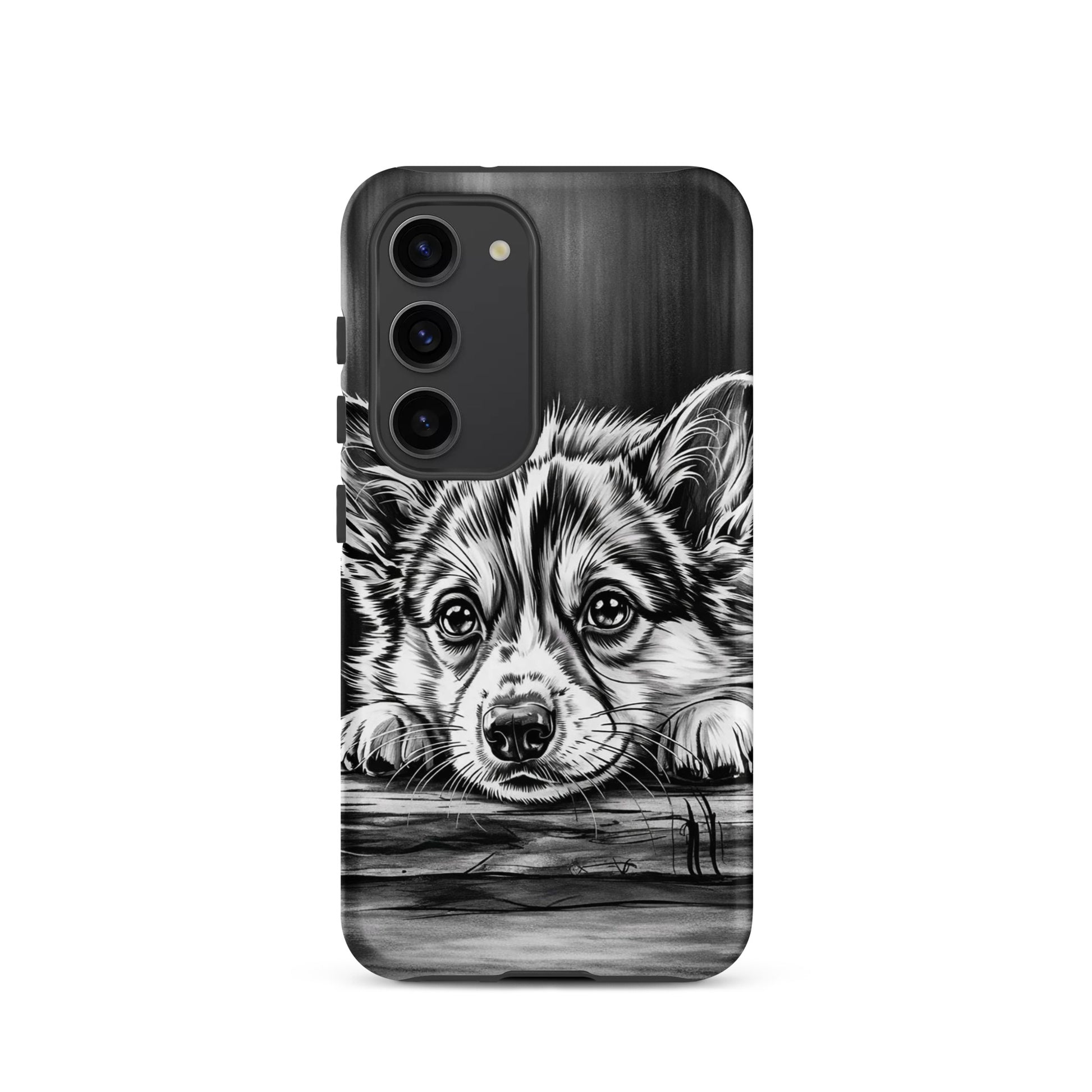 Phone Case with elegant black-and-white puppy art for Samsung Galaxy, offering stylish protection.