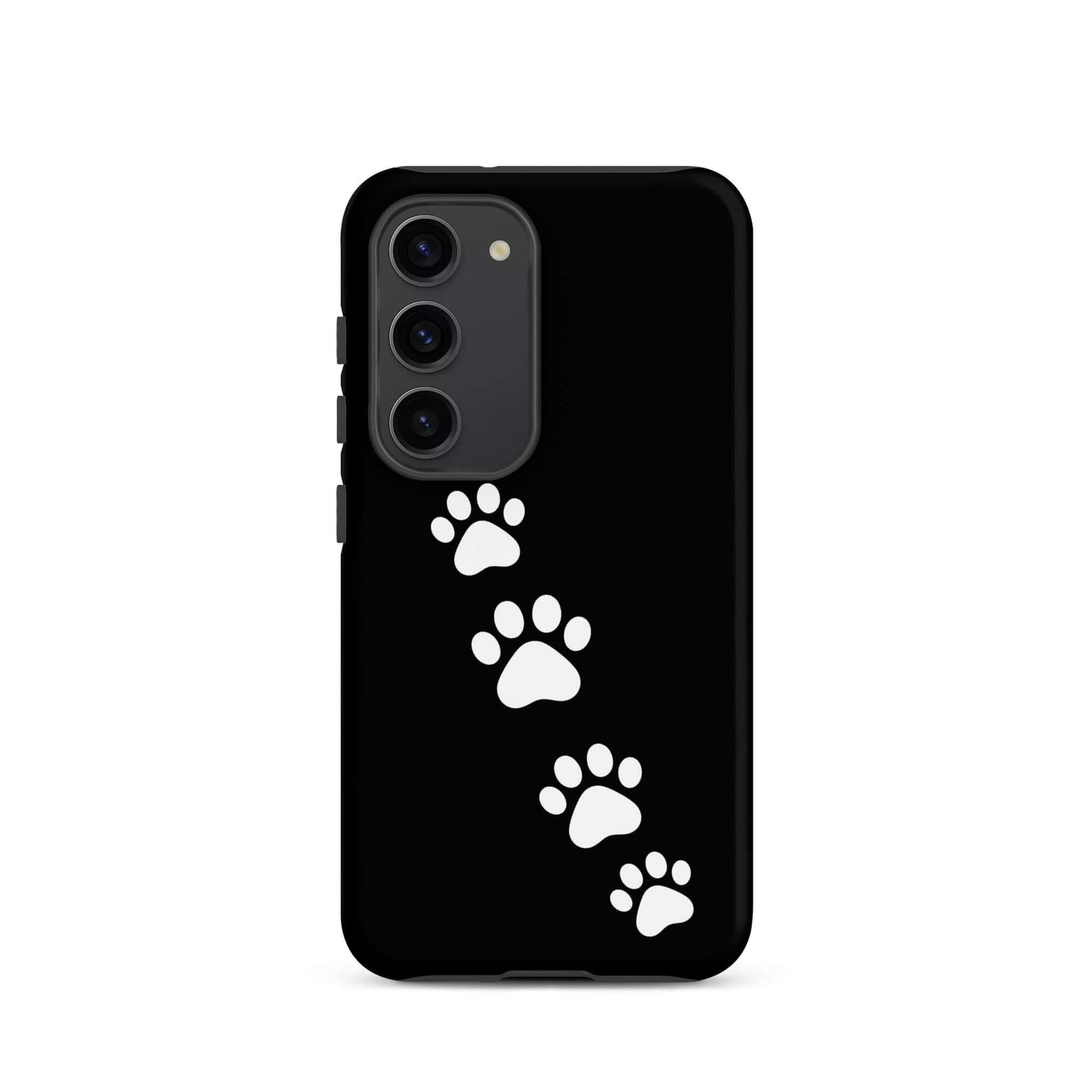 Phone case for Samsung Galaxy with white paw-print trail design on black background, perfect for pet lovers.