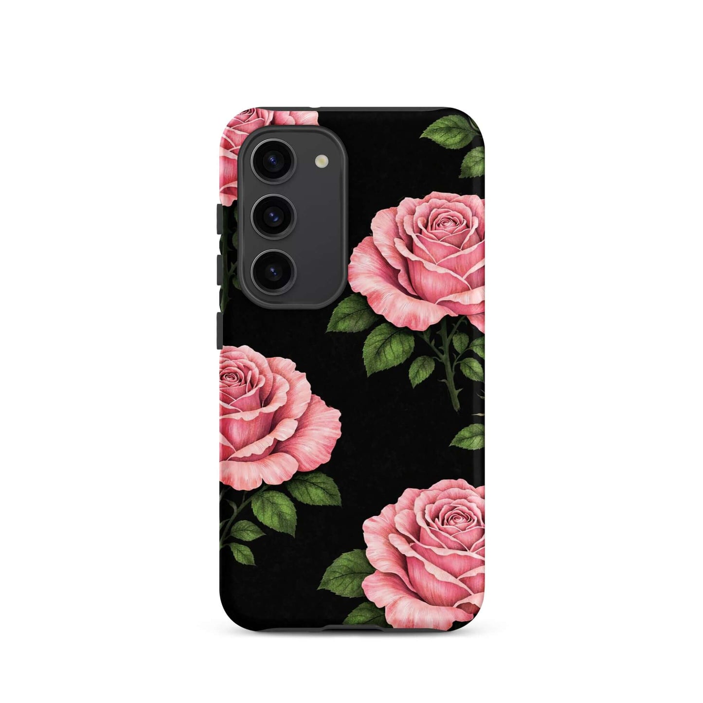 Phone Case for Samsung Galaxy with pink rose garden design on black background, featuring delicate pencil-stencil style roses.