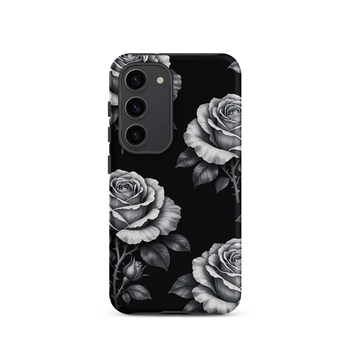 Phone Case for Samsung Galaxy featuring hand-sketched rose garden design on black background, elegant and protective tough case.
