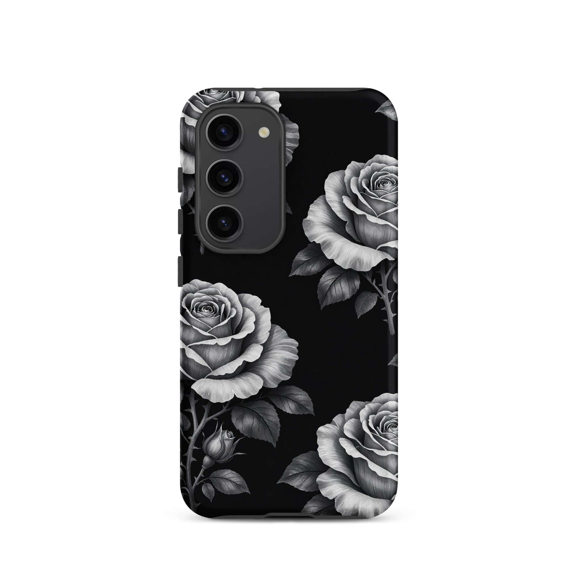 Phone Case for Samsung Galaxy featuring hand-sketched rose garden design on black background, elegant and protective tough case.