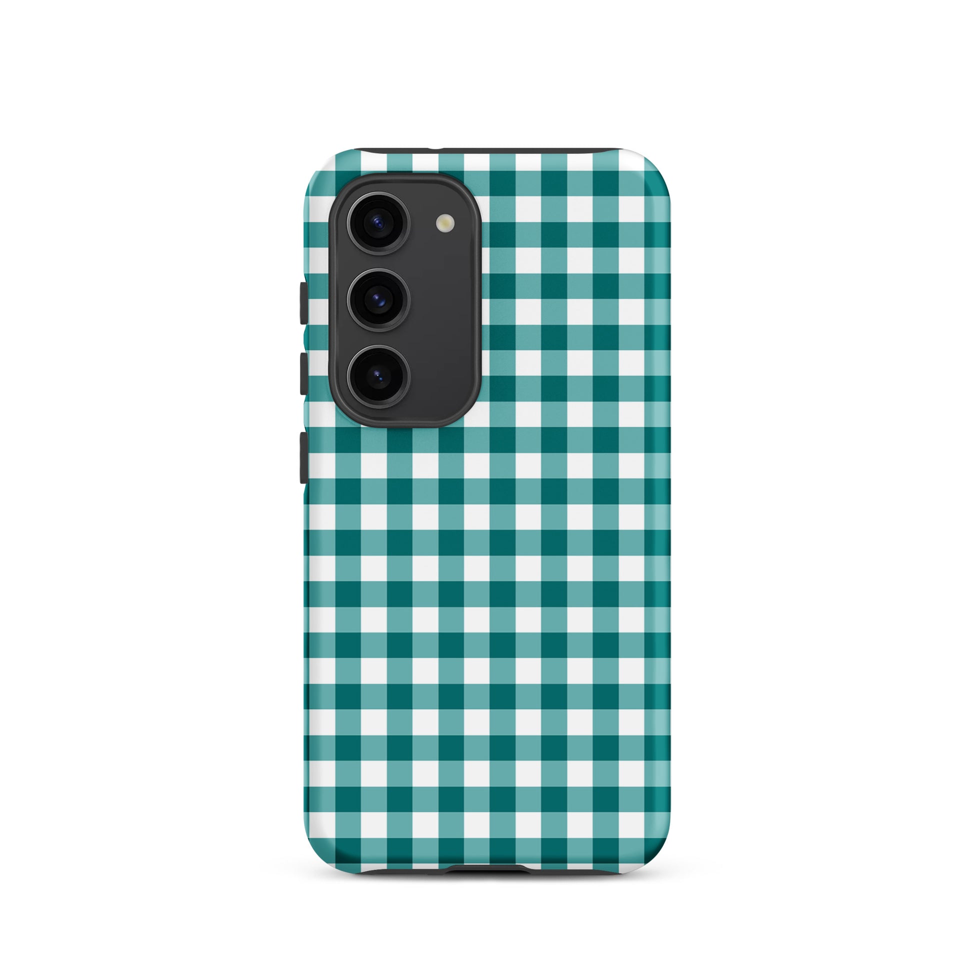 Phone Case for Samsung Galaxy with teal and white gingham pattern offering style and protection.