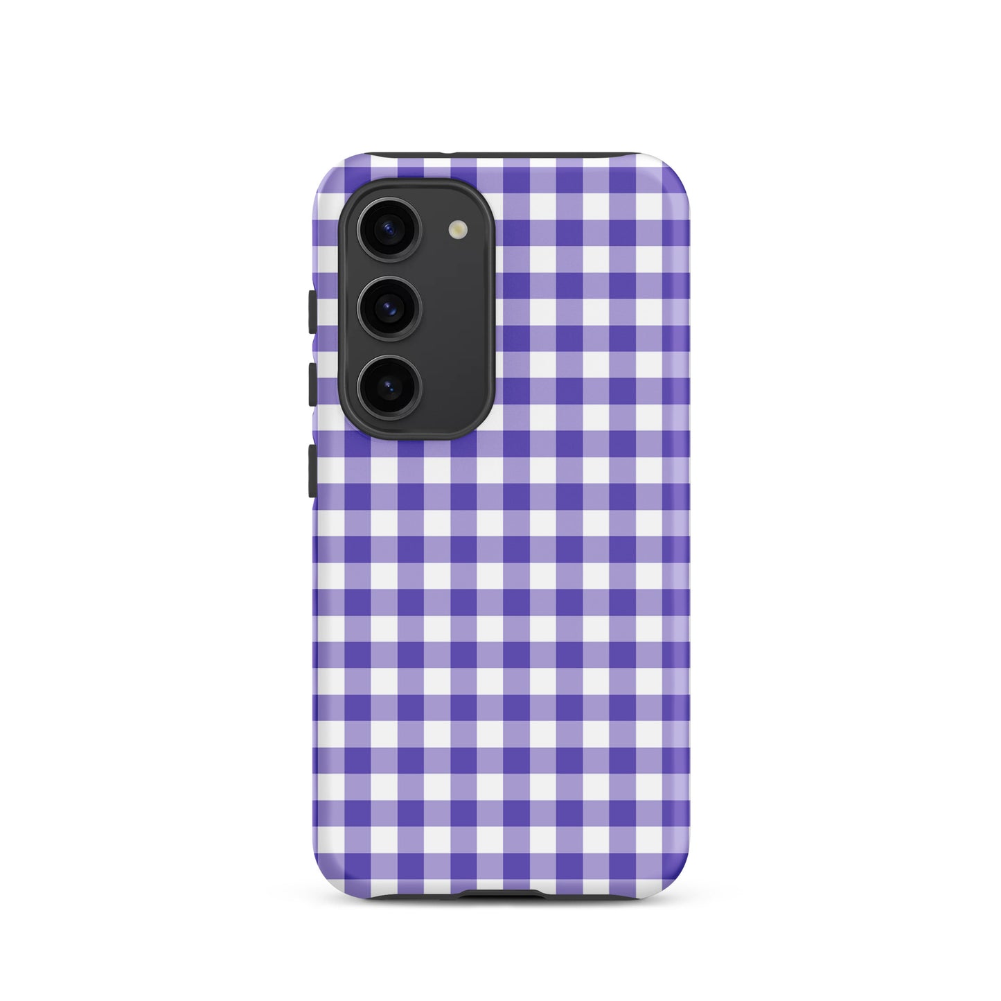 Phone case for Samsung Galaxy with purple gingham pattern, offering style and protection.