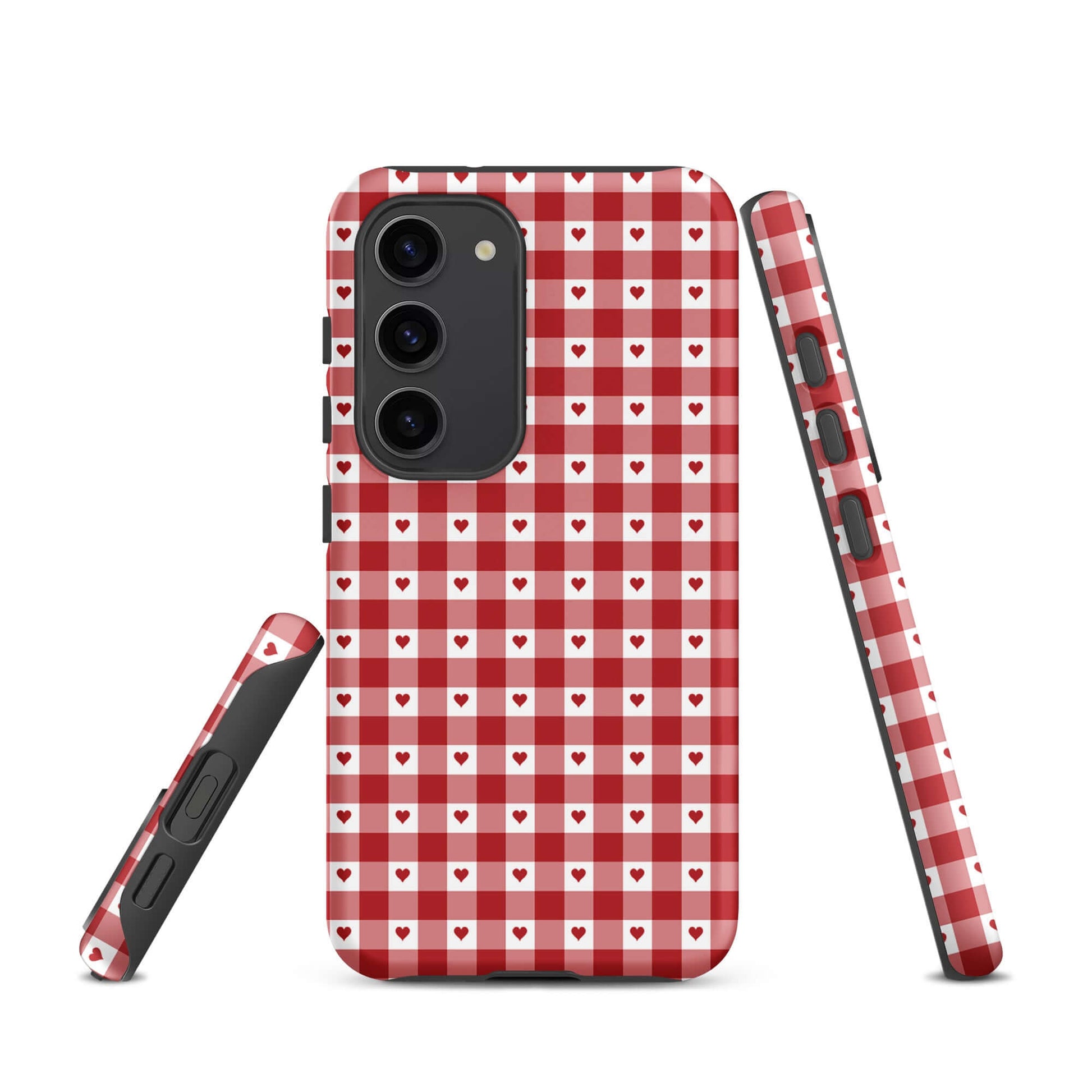 Phone Case with red gingham heart pattern for Samsung Galaxy, offering stylish protection and luxury appeal.