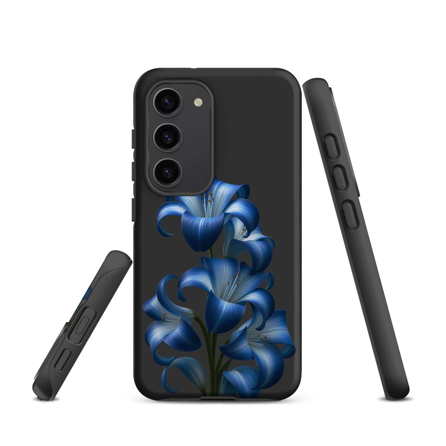 Phone Case for Samsung Galaxy with Blue Lily Bloom Art, featuring vibrant blue lilies on a sleek dark backdrop for stylish protection.