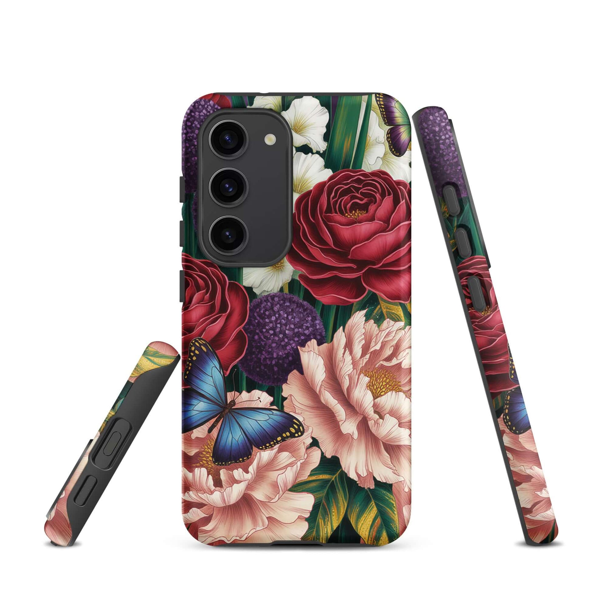 Phone Case for Samsung Galaxy with floral design featuring roses, peonies, alliums, and blue butterflies in a botanical garden theme.