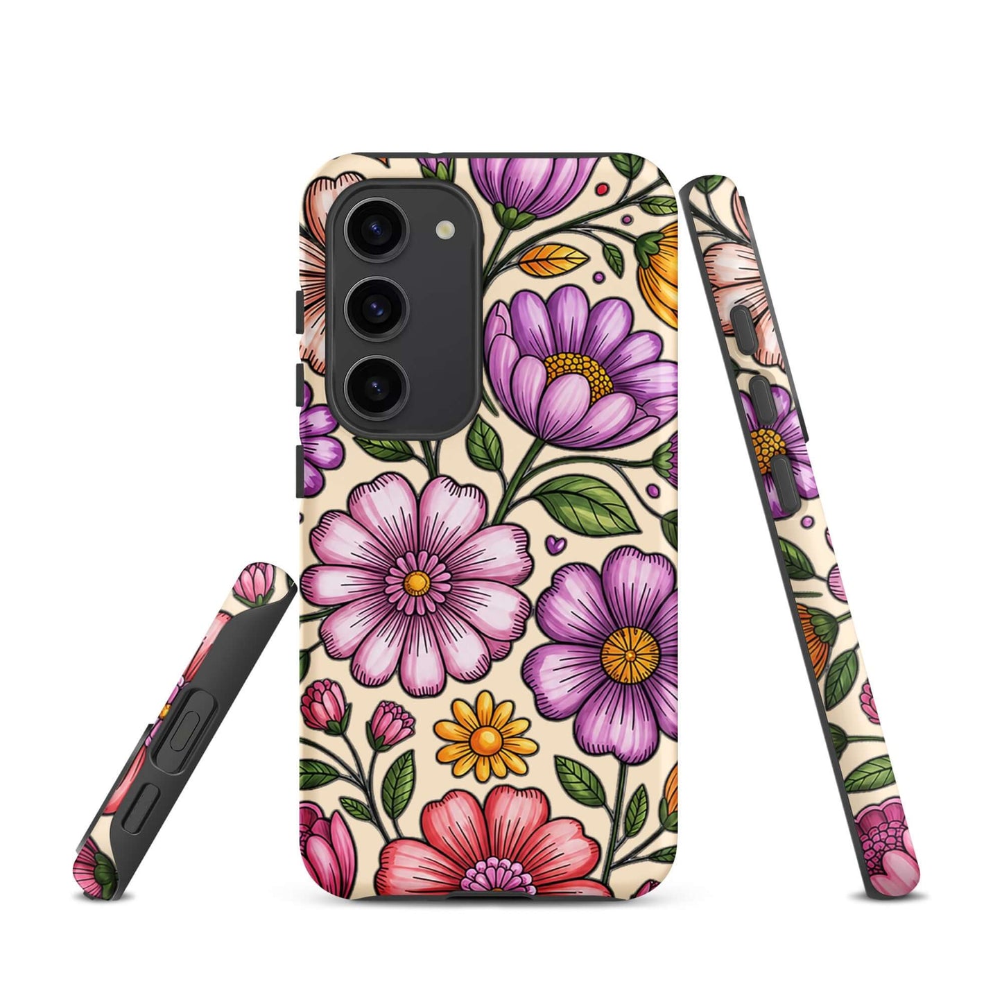 Phone Case for Samsung Galaxy with pastel floral design, showing pinks, peaches, and lavenders, dual-layer protection.