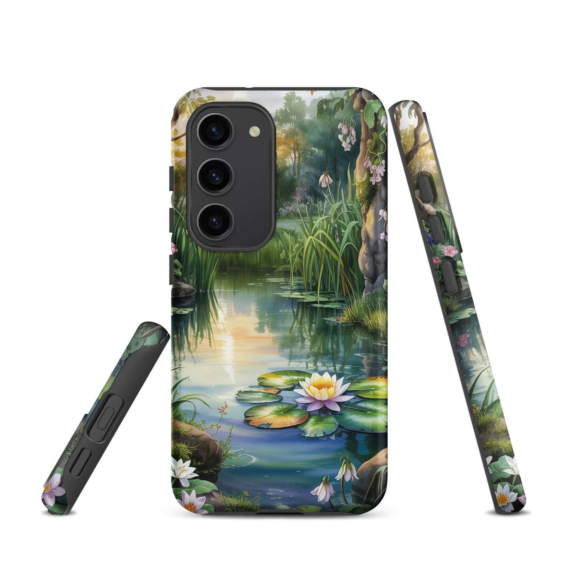Phone Case for Samsung Galaxy featuring enchanted pond design with water lilies and lush greenery.