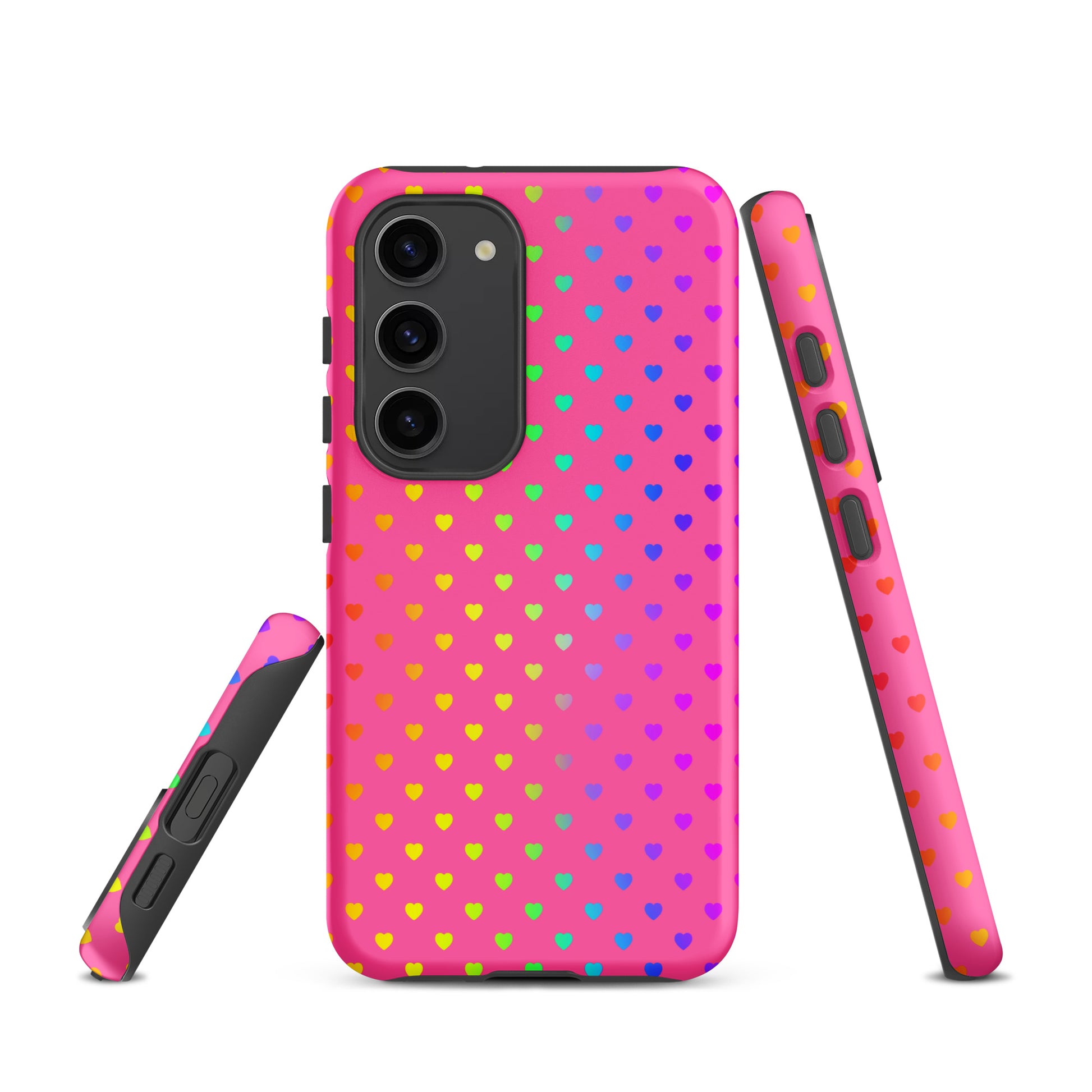 phone case with rainbow heart design for Samsung Galaxy on pink background