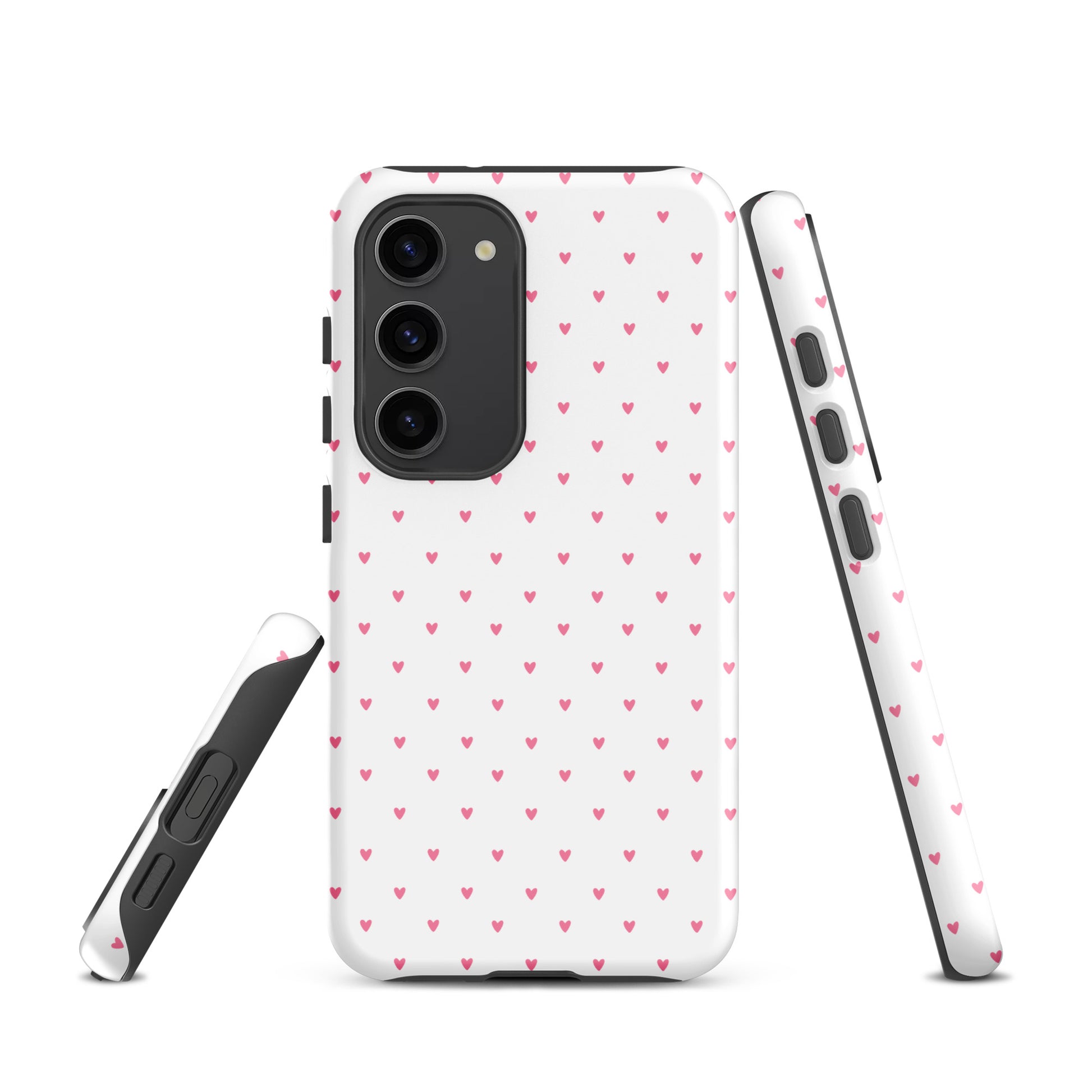 Phone Case for Samsung Galaxy with heart-dot pattern on white background, combining minimalist design with playful polka-dot theme.