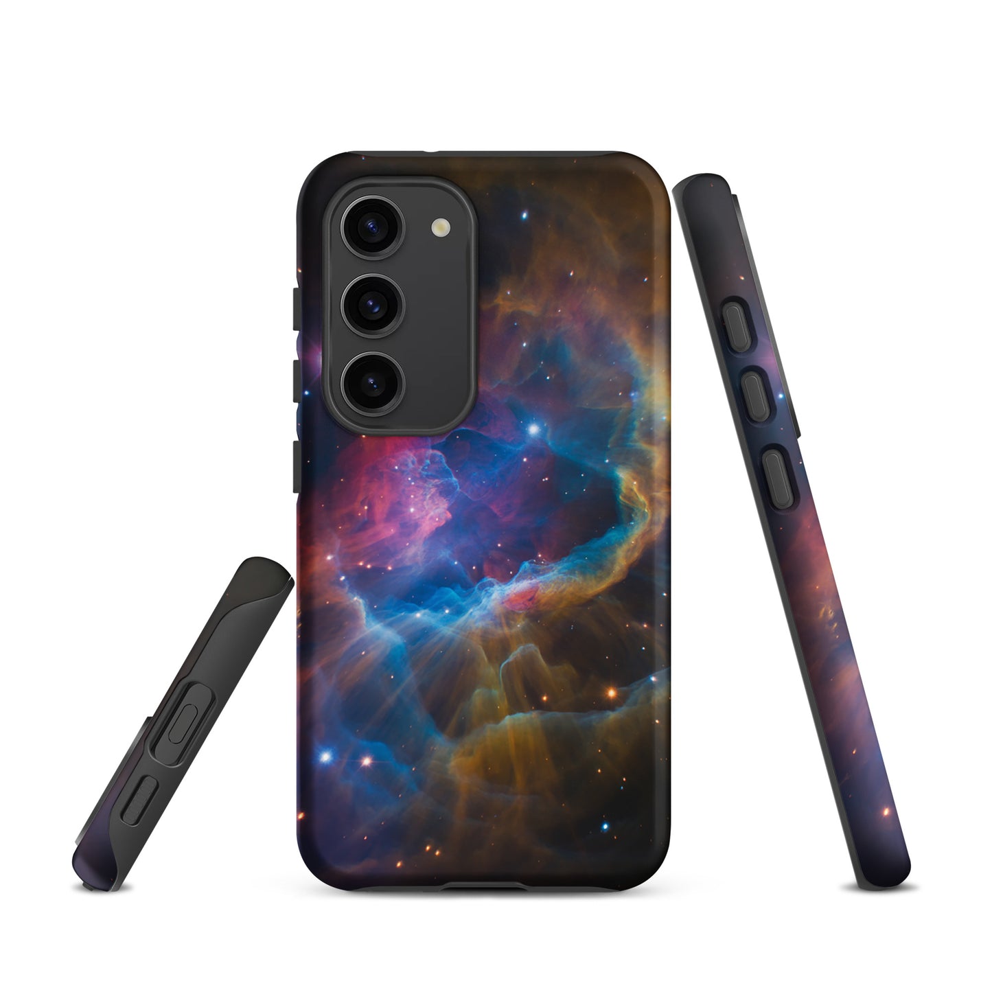 Phone Case for Samsung Galaxy with Nebula Cosmic Dreamscape Starburst design, featuring vibrant nebula of electric blues and fiery oranges.