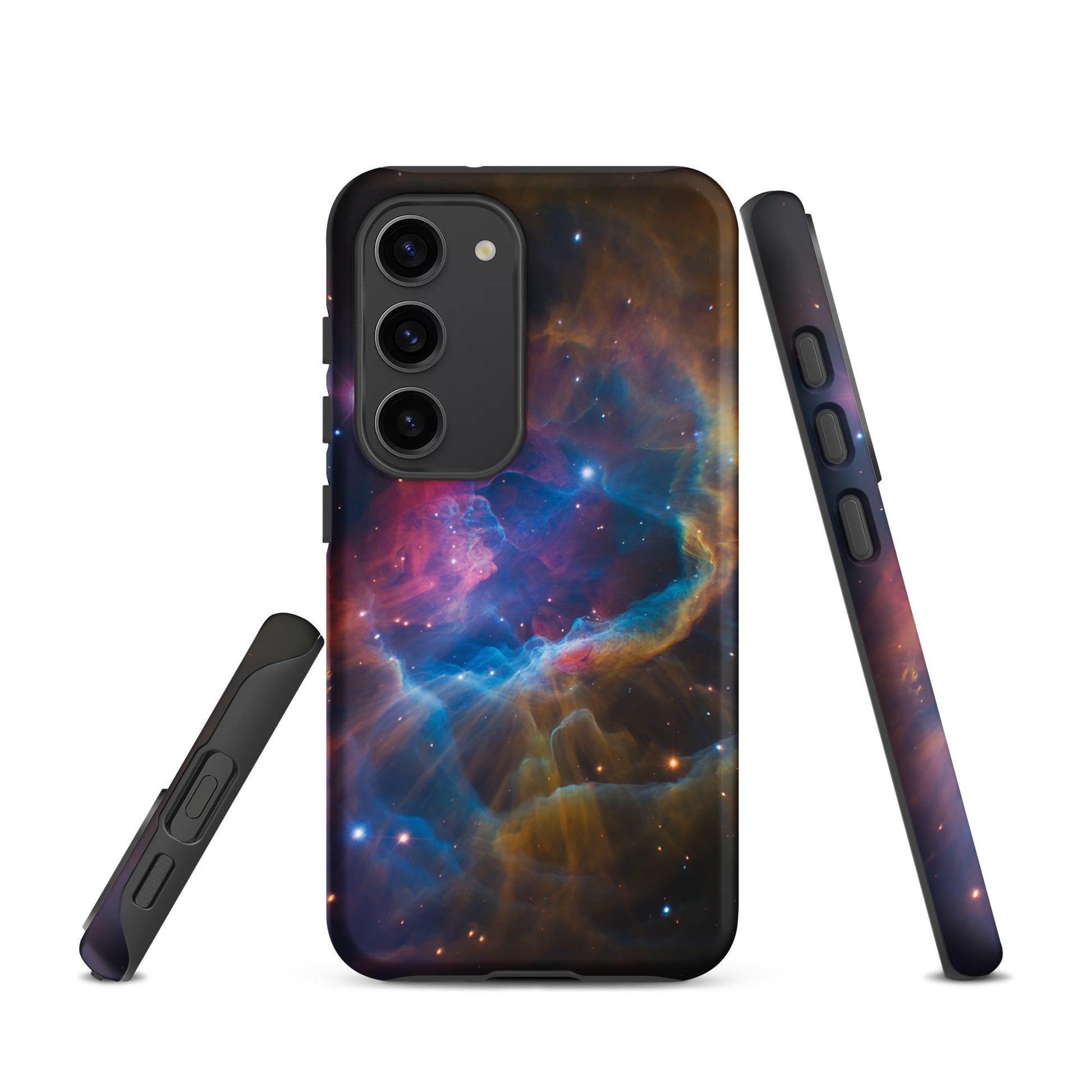 Phone Case for Samsung Galaxy with Nebula Cosmic Dreamscape Starburst design, featuring vibrant nebula of electric blues and fiery oranges.