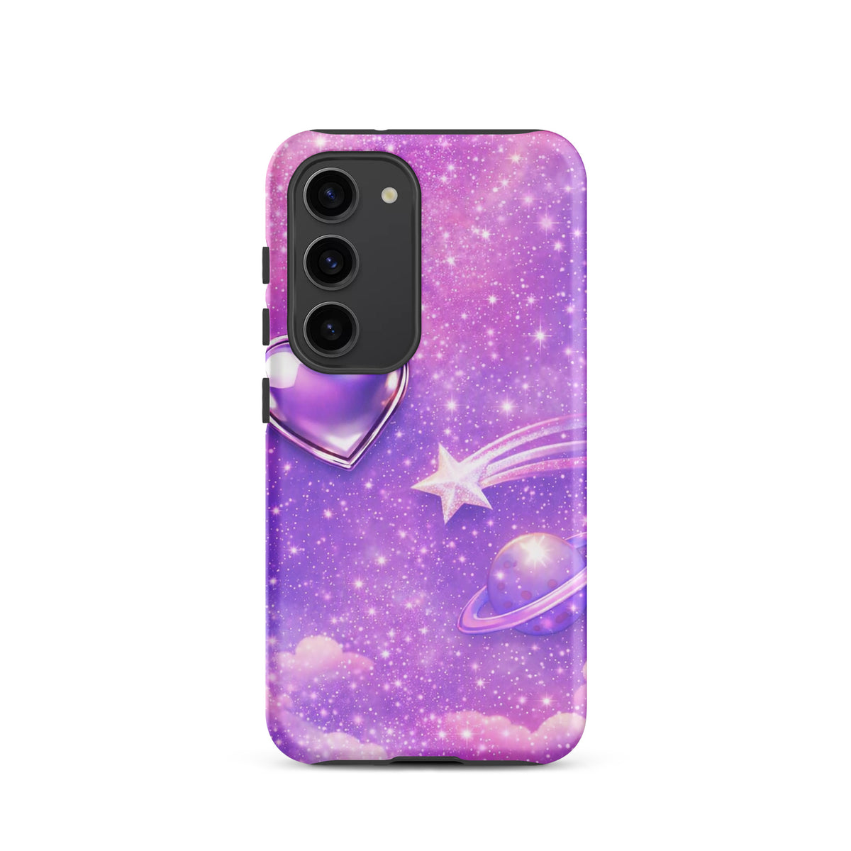 Phone Case for Samsung Galaxy with cosmic heart, shooting star, and celestial design on pastel background, featuring metallic chrome accents.