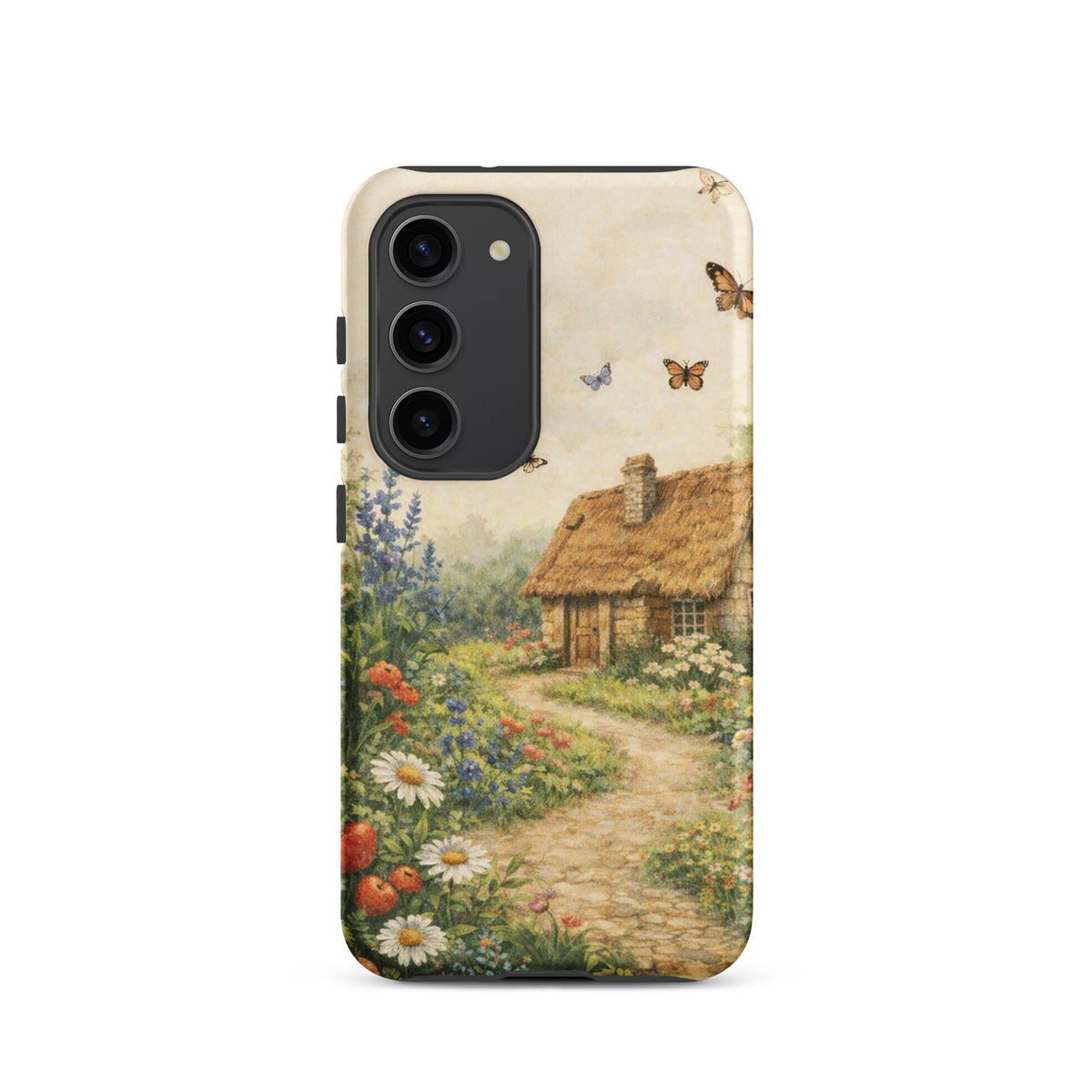 Phone Case with cottage garden art design for Samsung Galaxy, featuring a thatched cottage and colorful flowers.