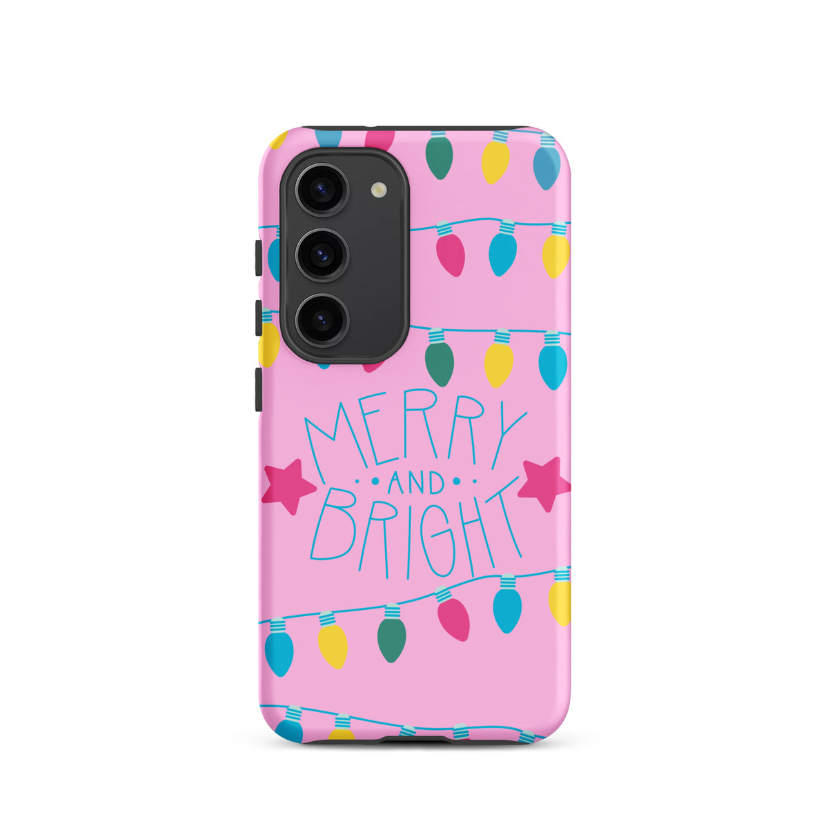 Phone Case for Samsung Galaxy with Merry and Bright holiday lights design on a pink background featuring colorful festive bulbs.
