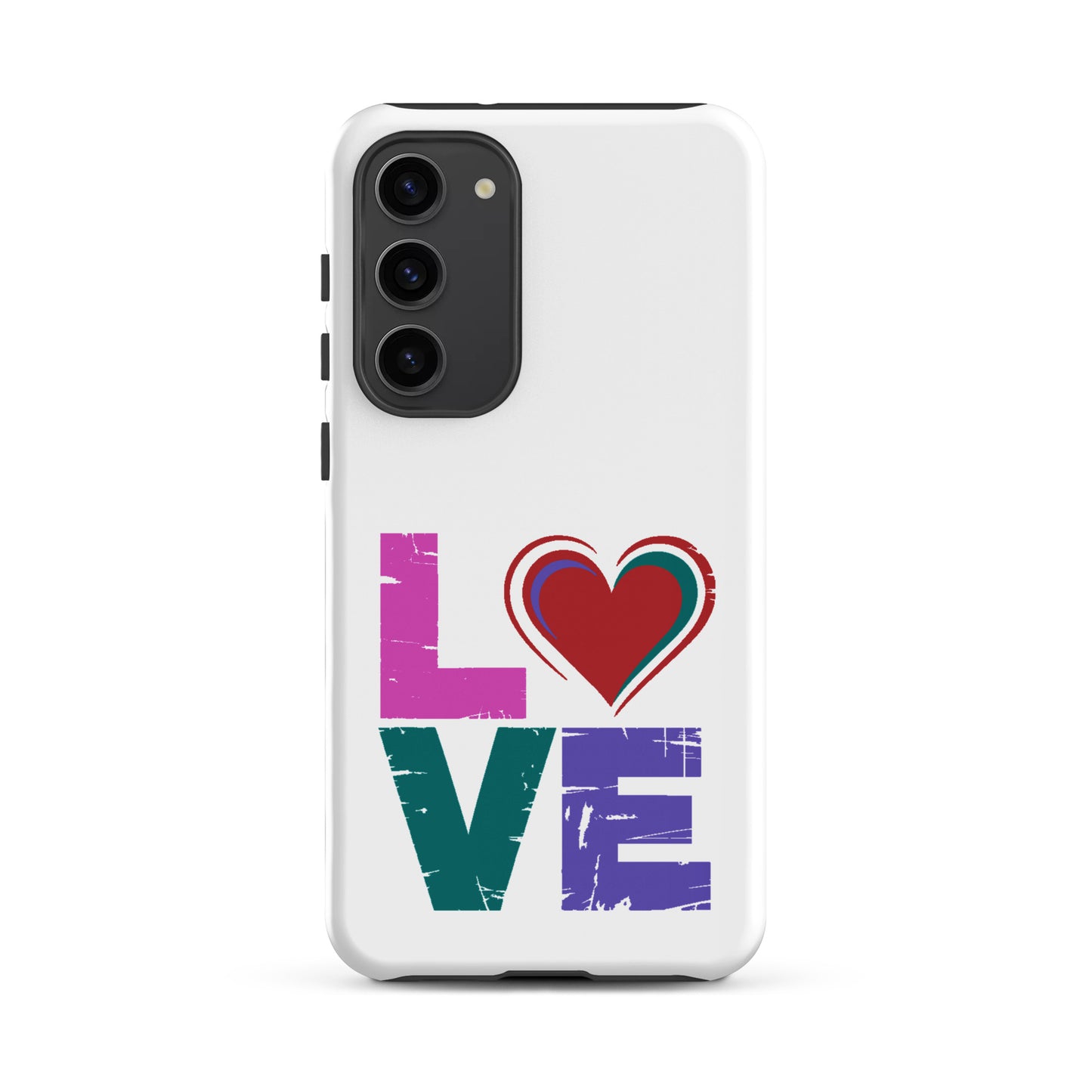 Tough case for Samsung Galaxy Phones featuring a colorful 'LOVE' design with a heart.