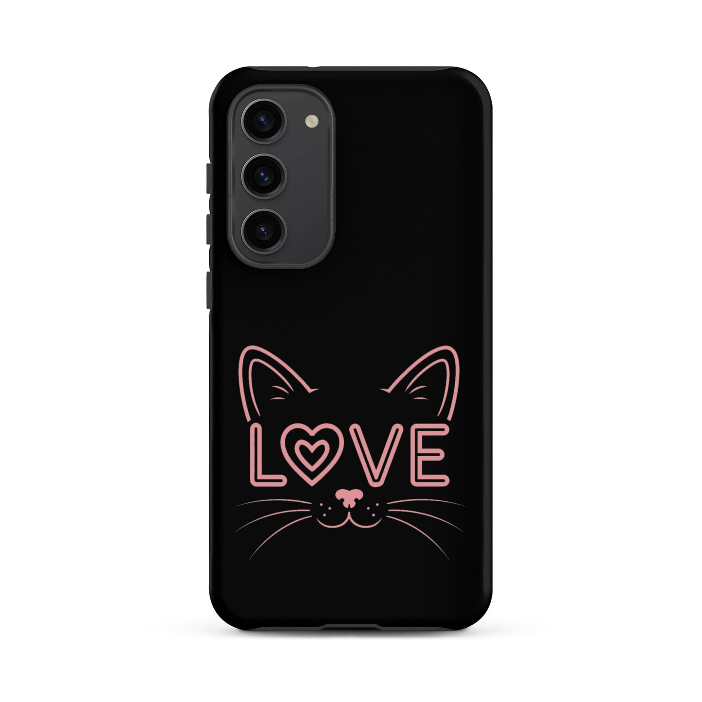 Cat Love phone case for Samsung Galaxy featuring minimalist cat face design with the word 'love'.
