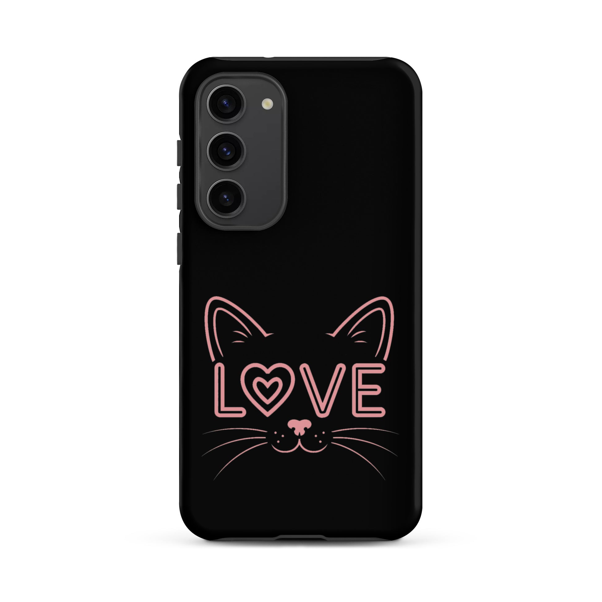 Cat Love phone case for Samsung Galaxy featuring minimalist cat face design with the word 'love'.