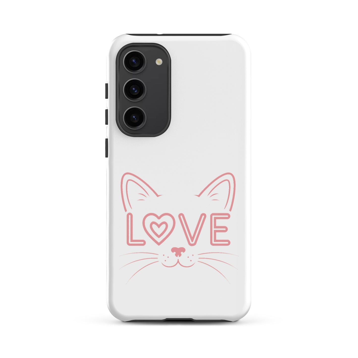 Cat Love phone case for Samsung Galaxy, featuring minimalist cat design with love text.