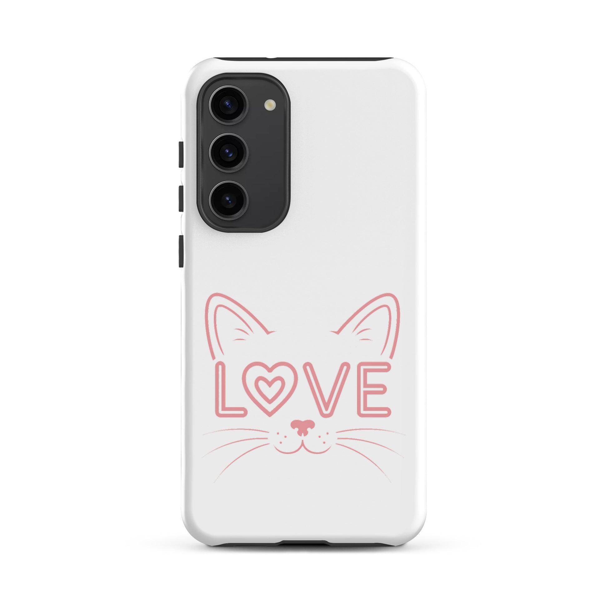 Cat Love phone case for Samsung Galaxy, featuring minimalist cat design with love text.