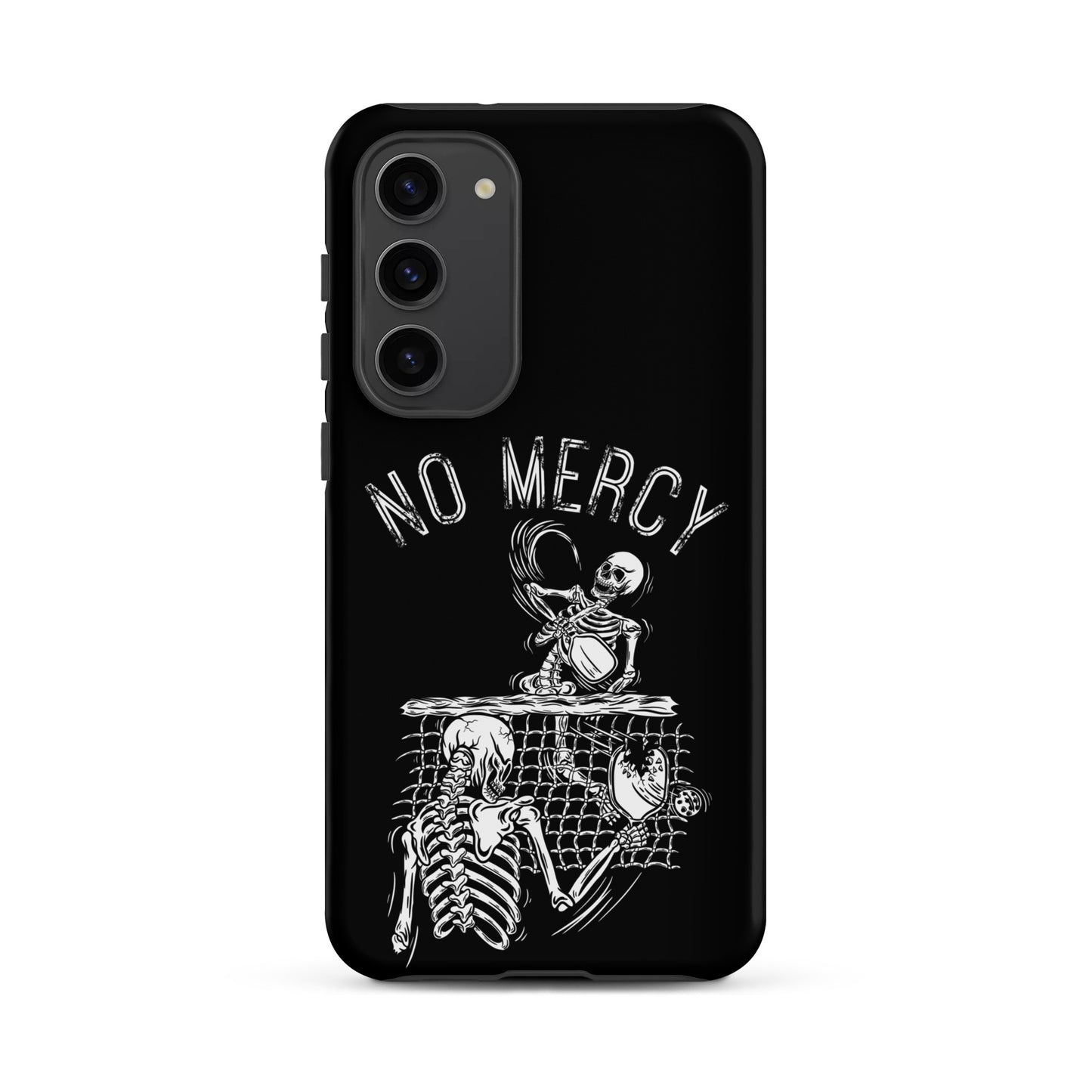 Pickleball Samsung Galaxy Case featuring 'No Mercy' design showcasing skeleton players in action.