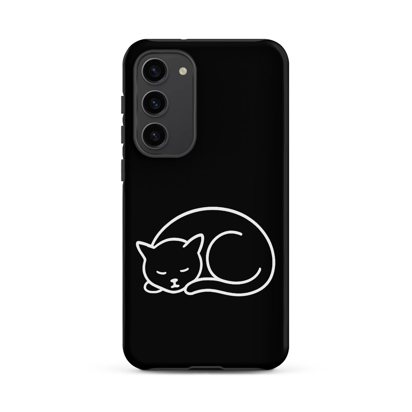 Phone Case for Samsung Galaxy Phones featuring a minimalist curled-up cat design in white on black.