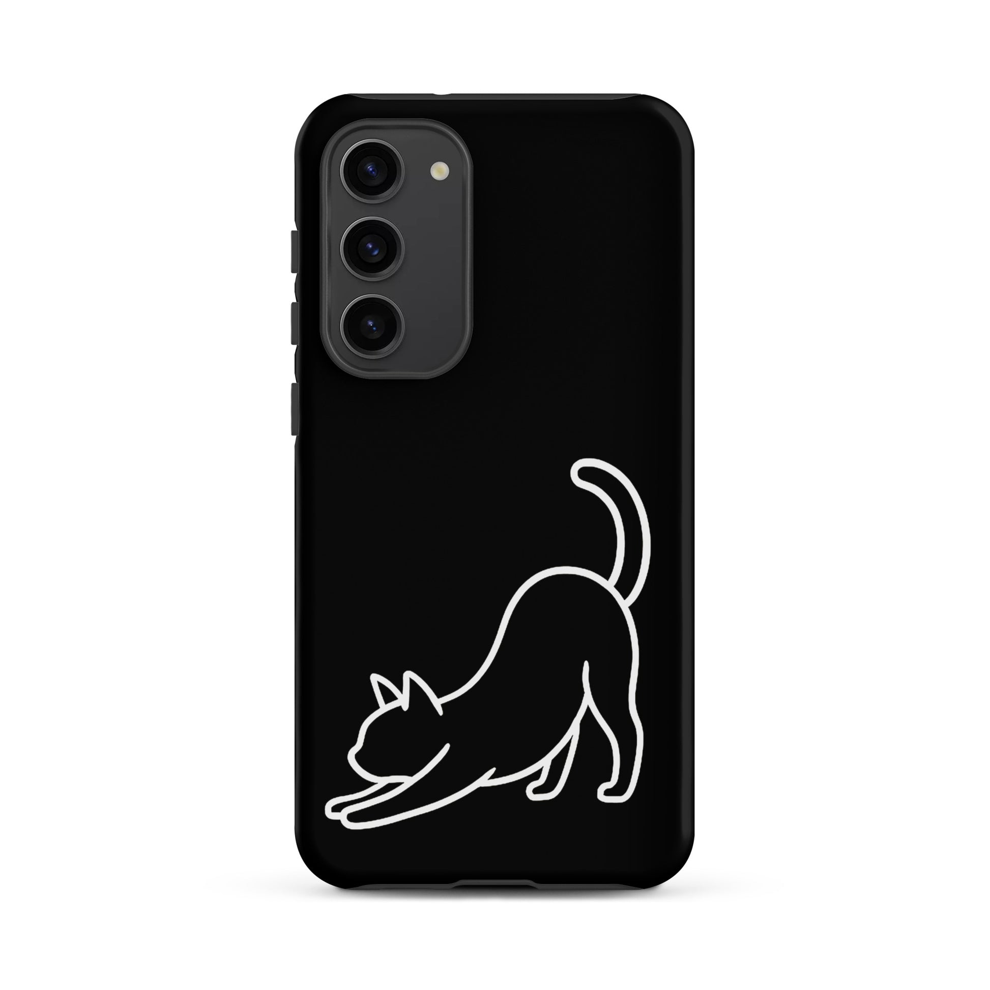 Phone Case for Samsung Galaxy featuring a minimalist stretching cat design on a sleek black background.