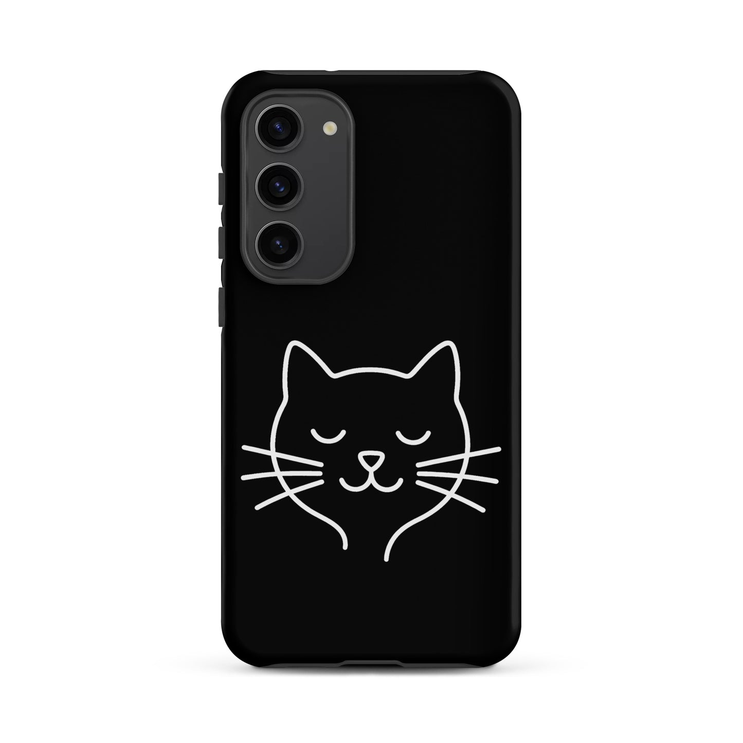 Phone Case for Samsung Galaxy featuring cute minimalist cat line art design on a black background.