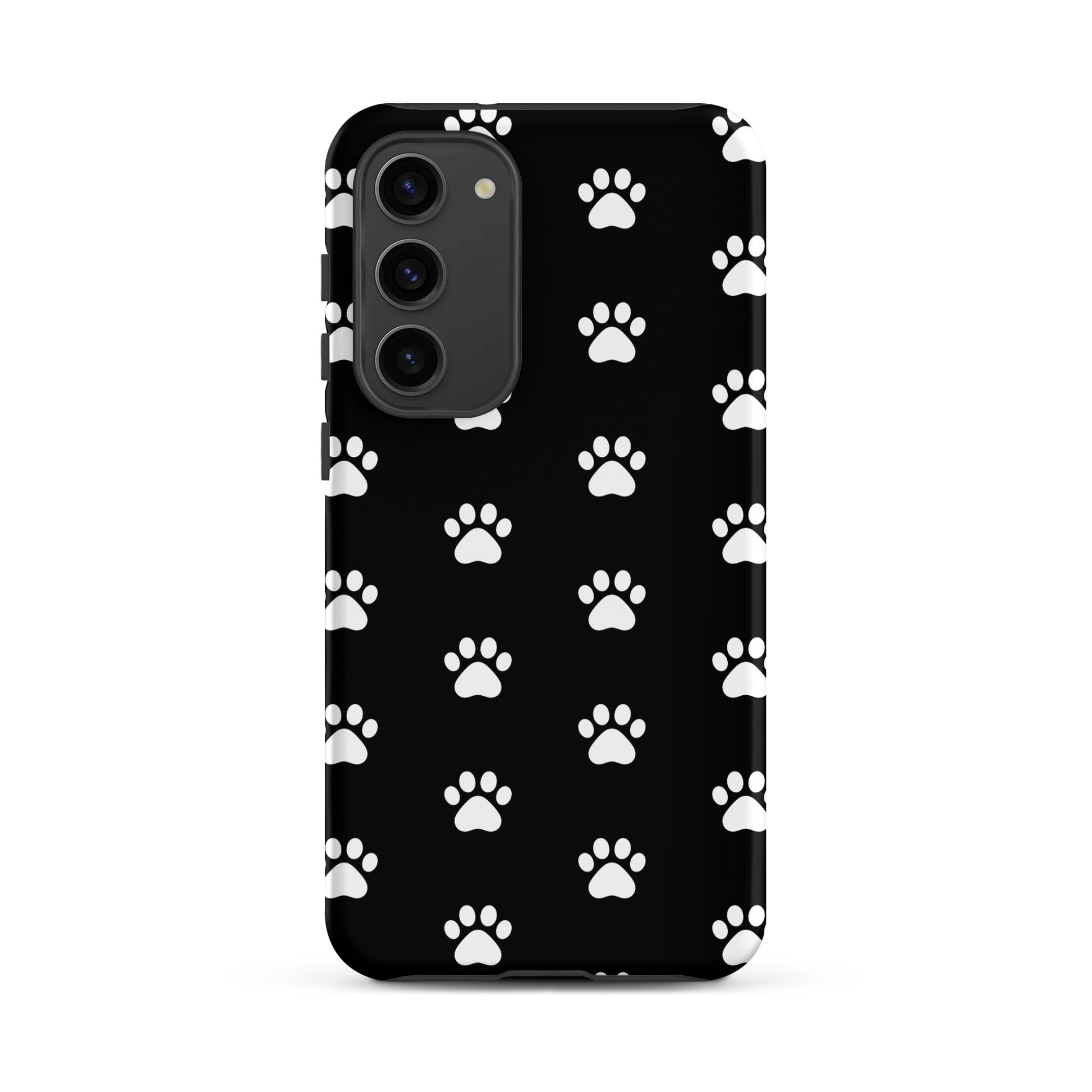 Phone Case for Samsung Galaxy featuring a stylish black design with white paw prints, perfect for pet lovers.