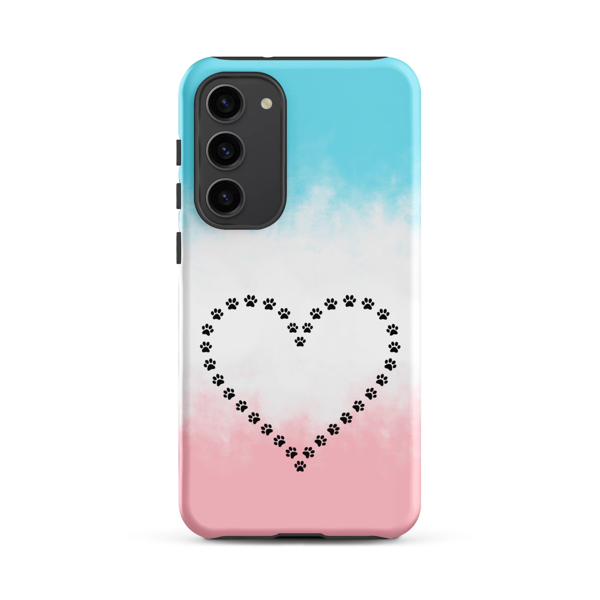 Phone Case for Samsung Galaxy with paw print heart design for pet lovers in blue and pink colors.