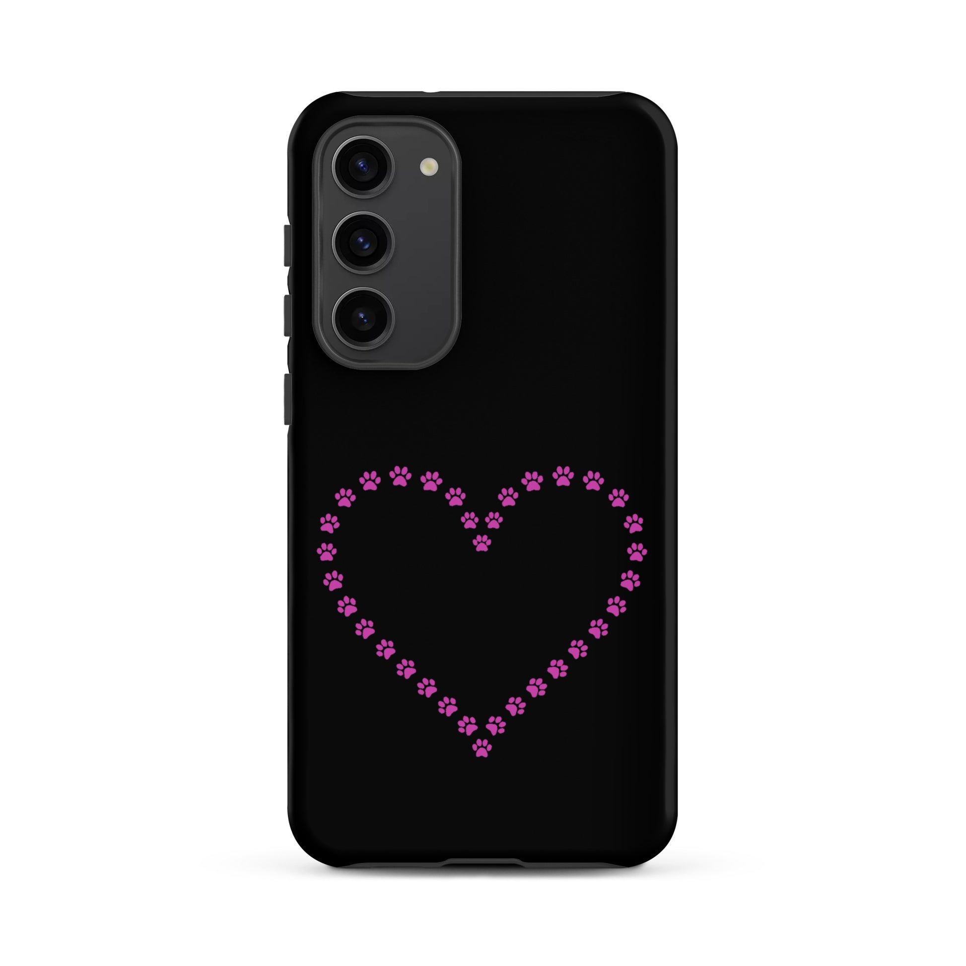 Phone Case featuring a pink paw print heart design for pet lovers on a black background.