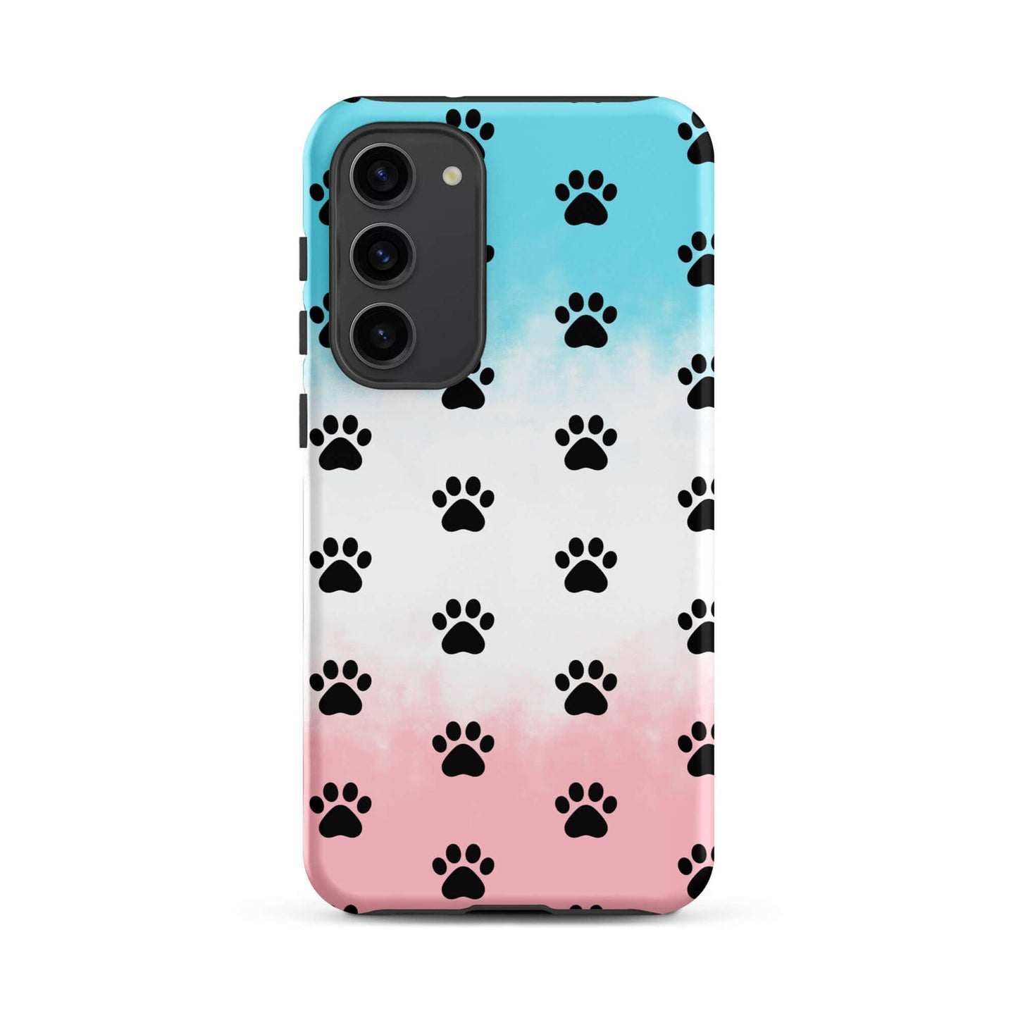 Phone Case for iPhone featuring a playful paw print pattern in black against a pastel gradient background.
