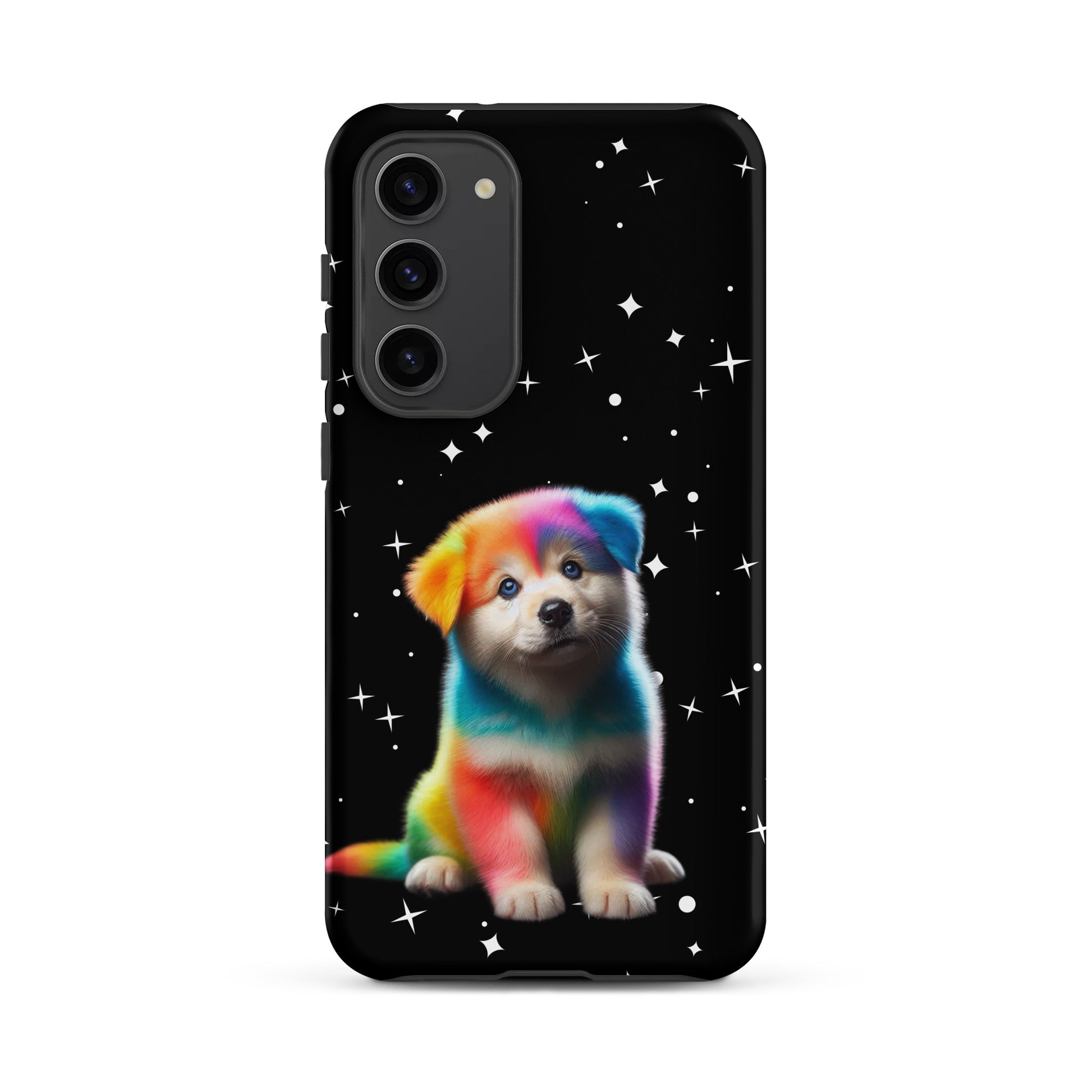 Phone Case featuring a rainbow puppy against a starry night design, perfect for dog lovers and vibrant style.