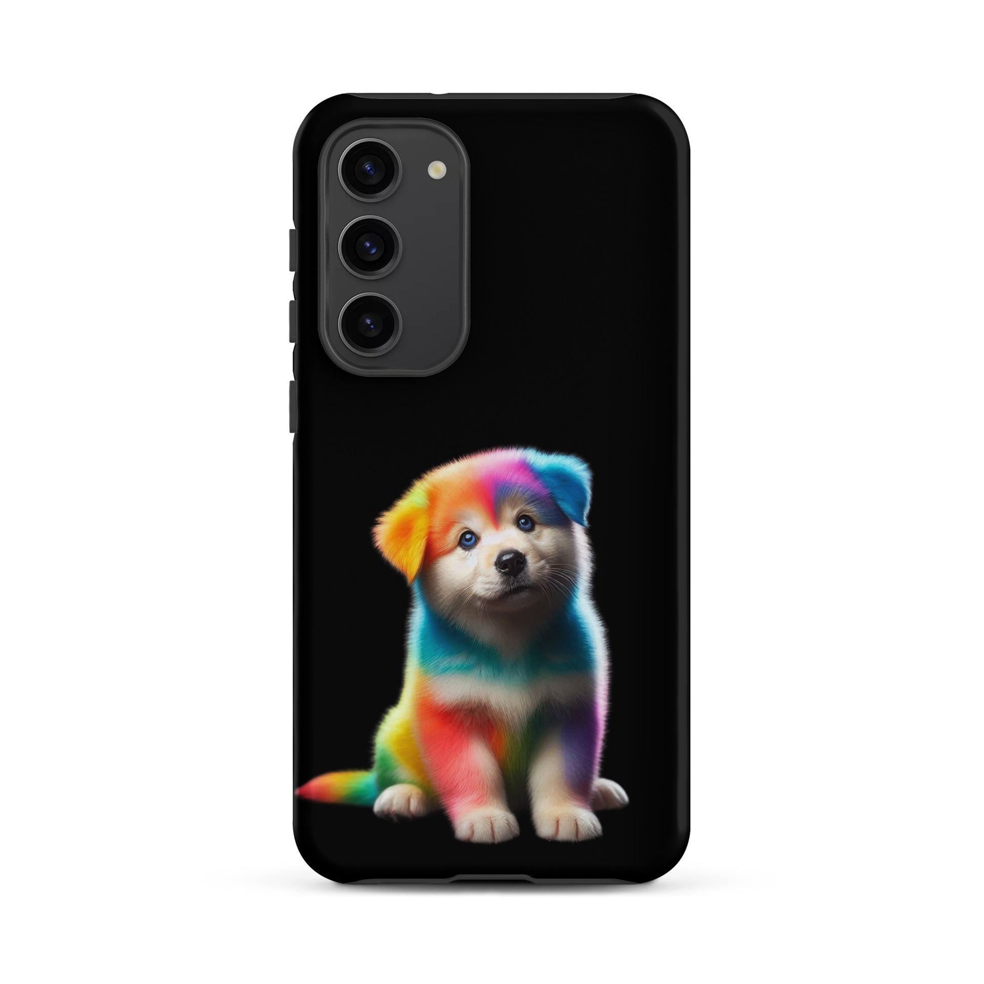 Phone Case featuring a colorful rainbow puppy design on a black background, perfect for Samsung Galaxy.