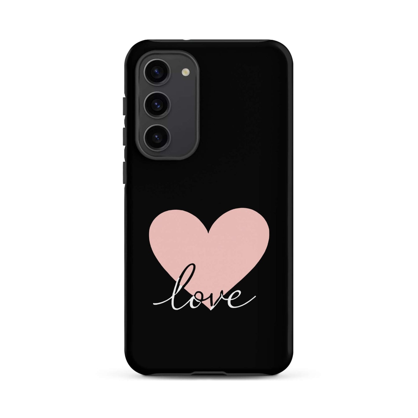 Phone Case Samsung Galaxy featuring a pink heart and script 'love' design on a black background.