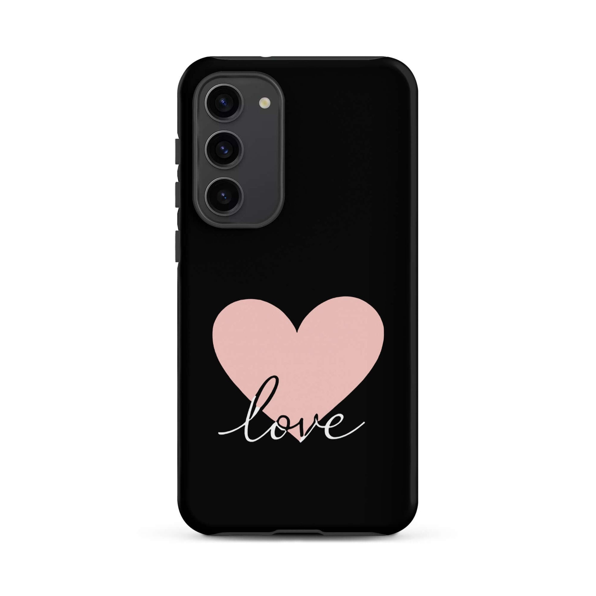 Phone Case Samsung Galaxy featuring a pink heart and script 'love' design on a black background.