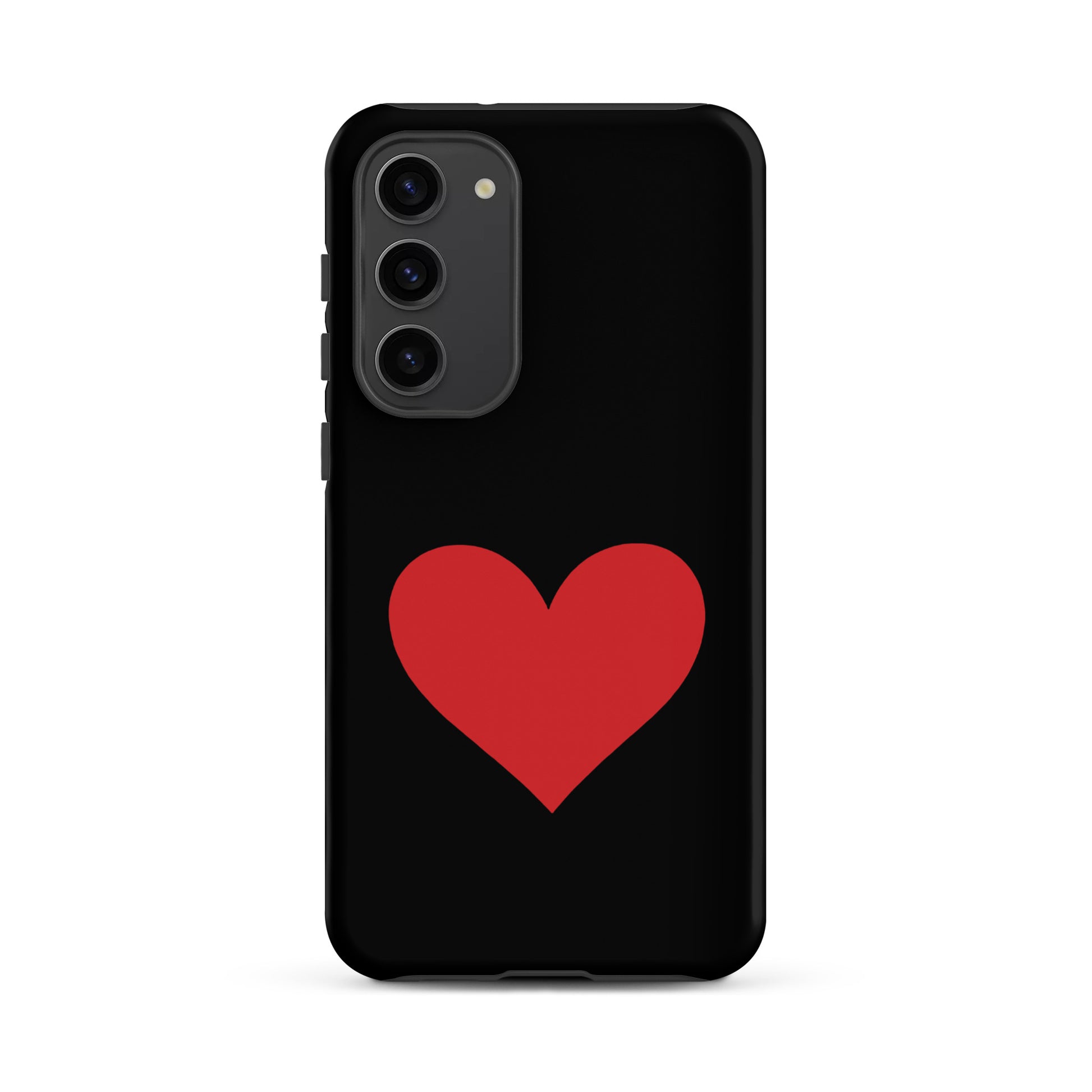 Phone Case for Samsung Galaxy featuring a bold red heart design on a black background.