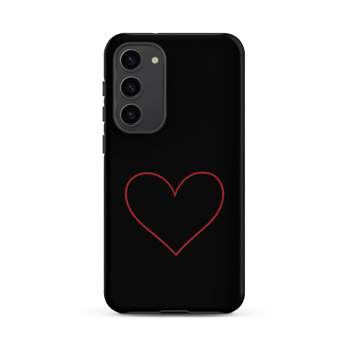Phone Case for Samsung Galaxy featuring a minimalist crimson heart design on a sleek black background.