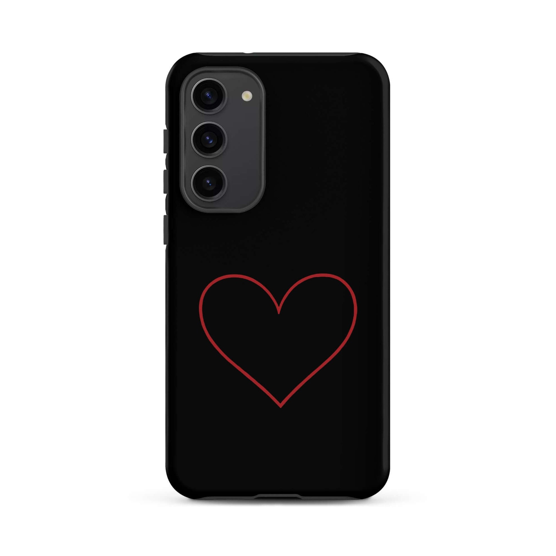 Phone Case for Samsung Galaxy featuring a minimalist crimson heart design on a sleek black background.