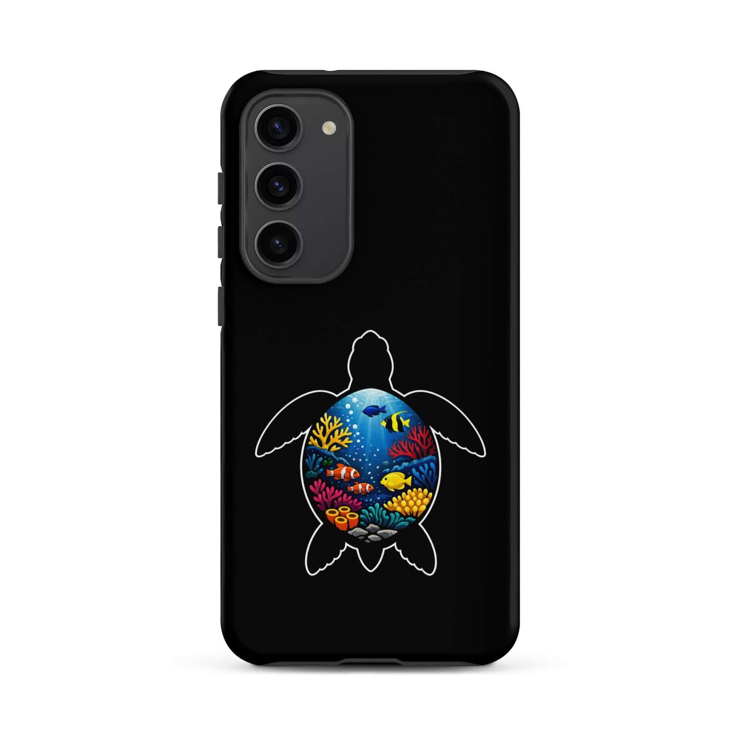 Phone case featuring a vibrant sea turtle reef design on a black background, ideal for marine life enthusiasts.